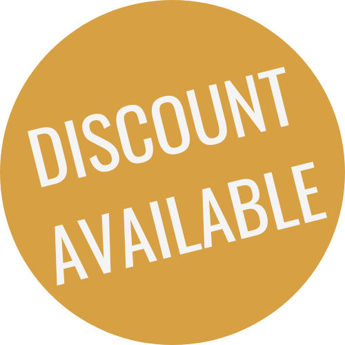 Gold circular badge with white text that reads 'DISCOUNT AVAILABLE'.