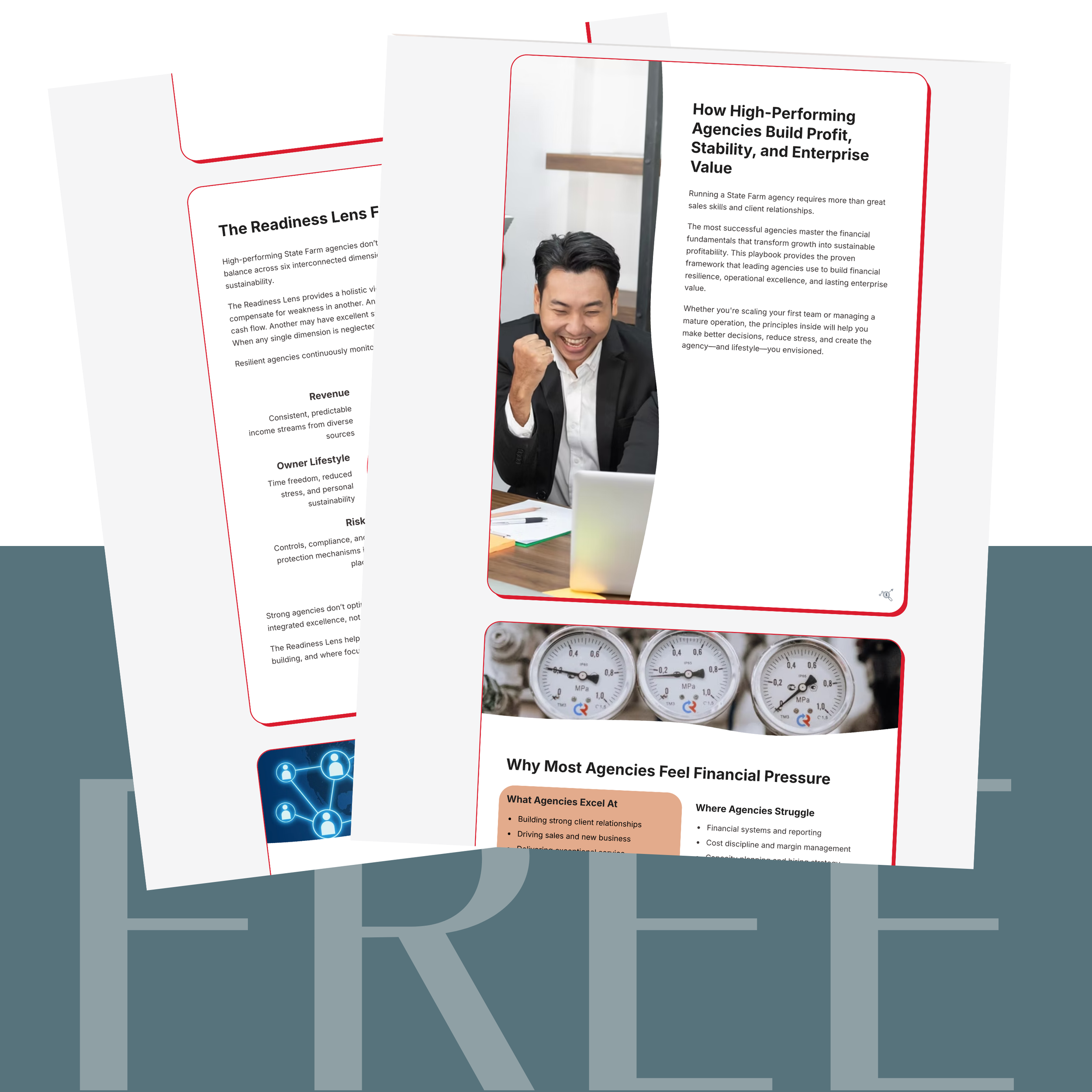 A brochure or flyer titled 'How High-Performing Agencies Build Profit, Stability, and Enterprise Value' featuring a smiling man in a suit at a desk and a row of pressure gauges.