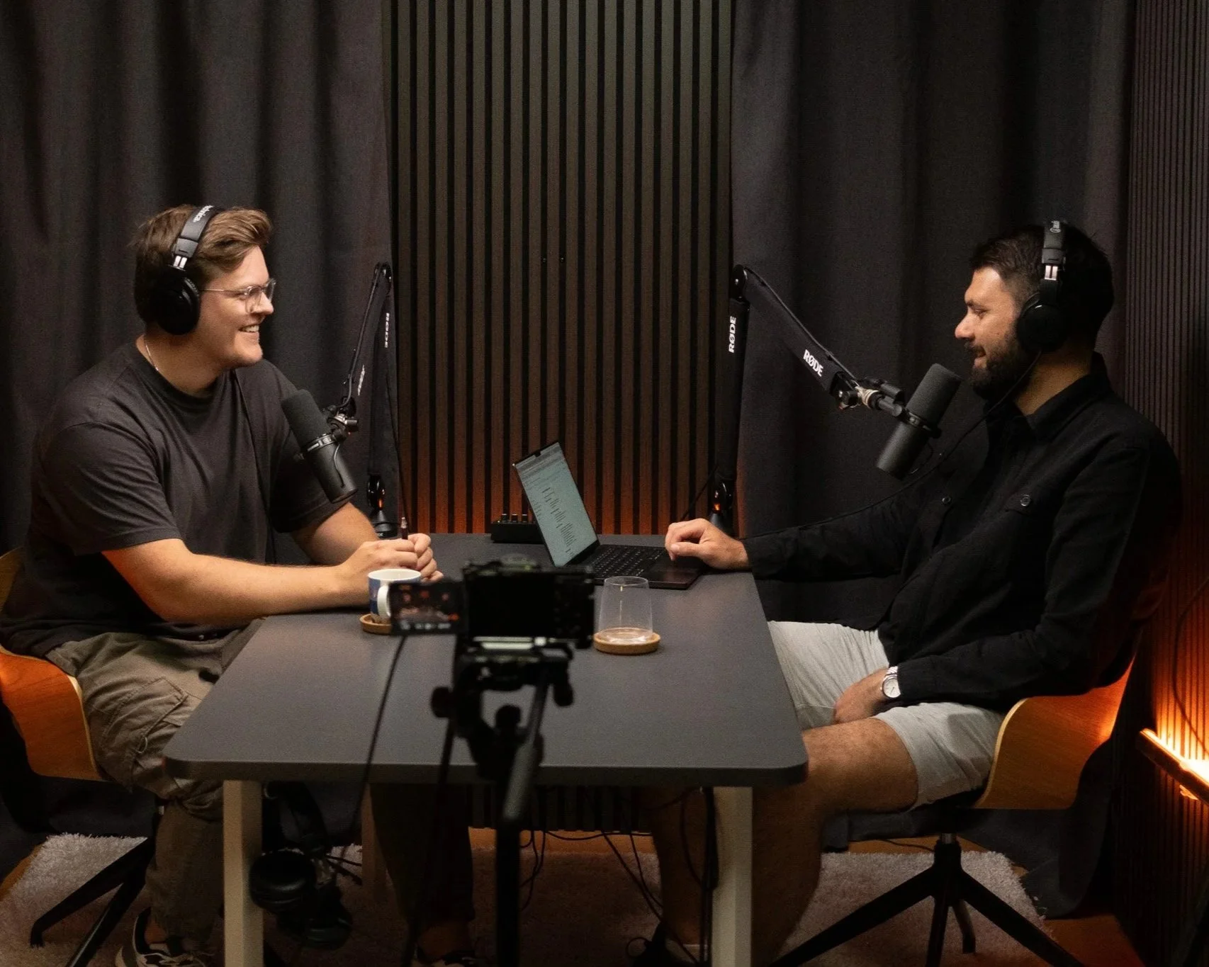 Starting a podcast recording with microphone and podcast setup