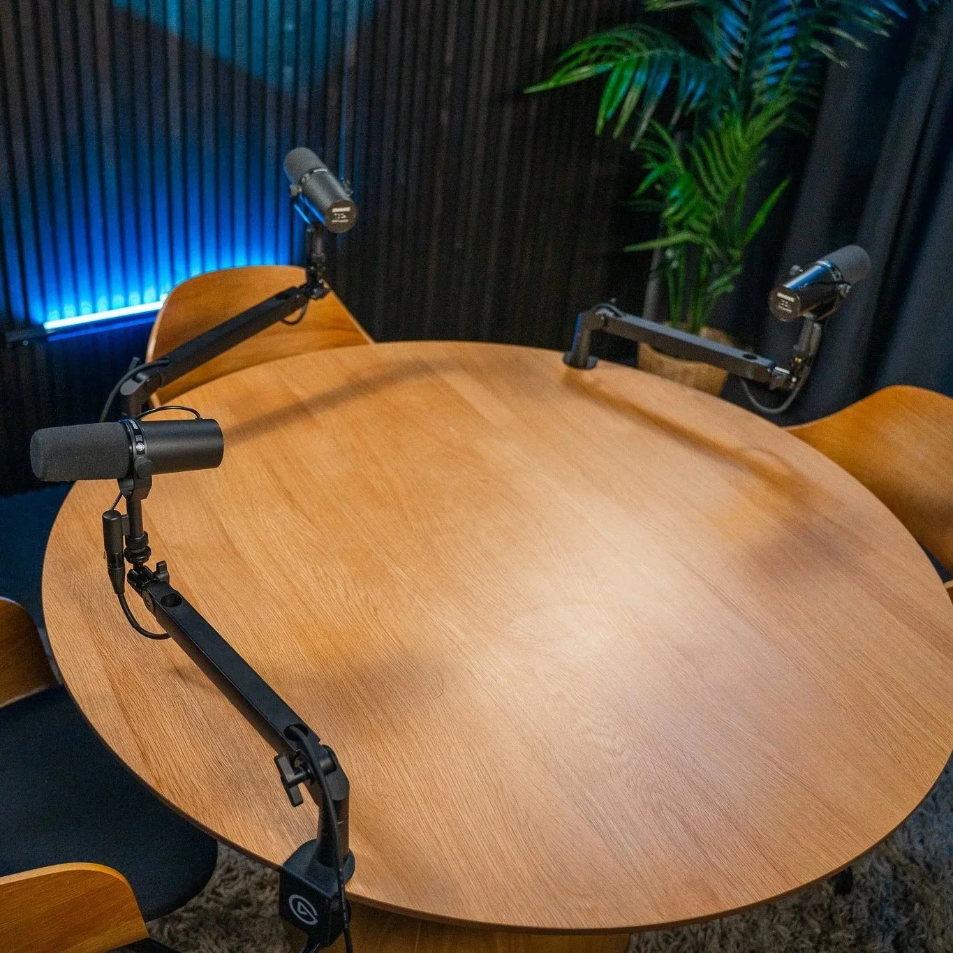 Professional podcast studio with microphones and recording equipment