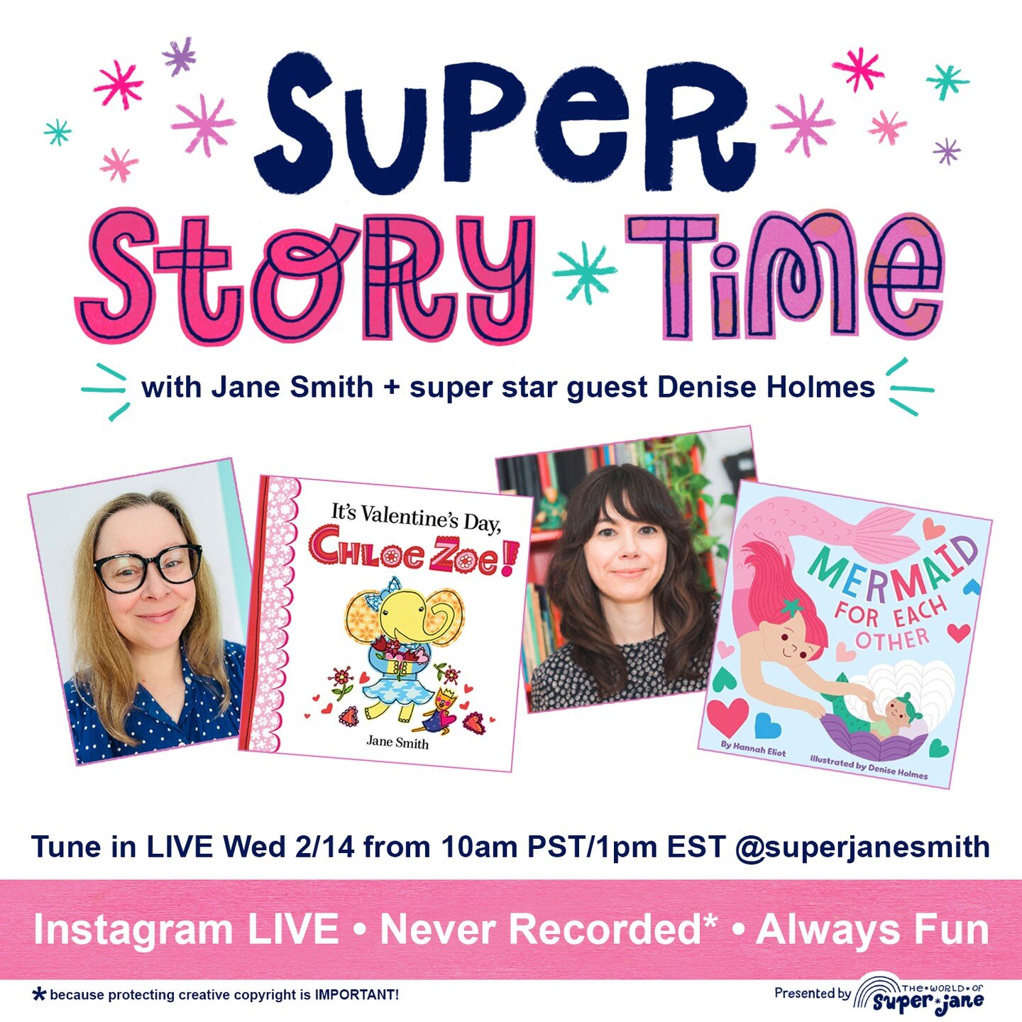 💕 Save the date! I'm thrilled to announce that I'll be a guest on SUPER STORY TIME, reading 'Mermaid For Each Other' alongside my dear friend @superjanesmith, live on VALENTINE'S DAY at 12 PM CST. Mark your calendars for this special event!

#always