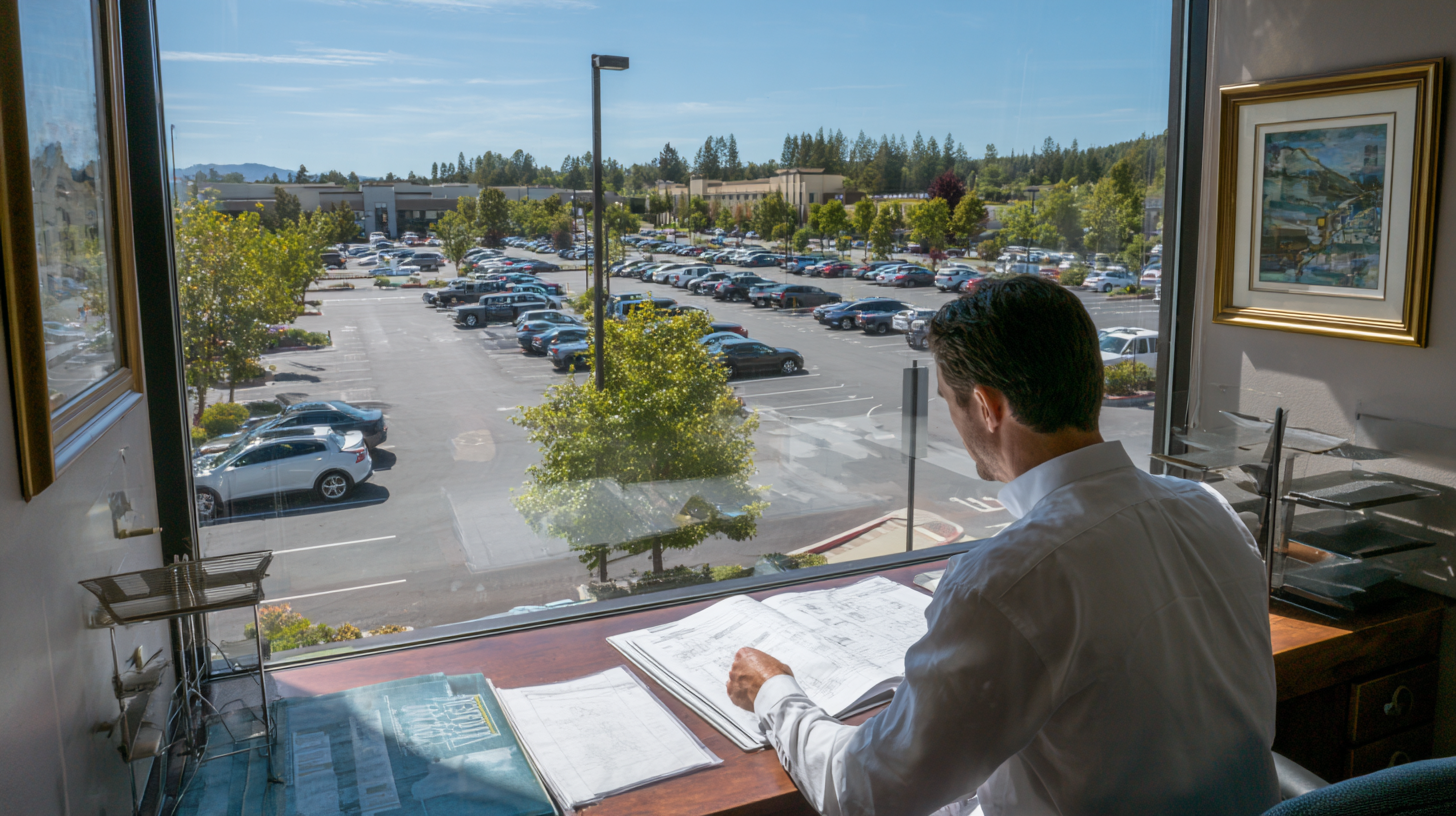 property manager looks outside window at parking lot