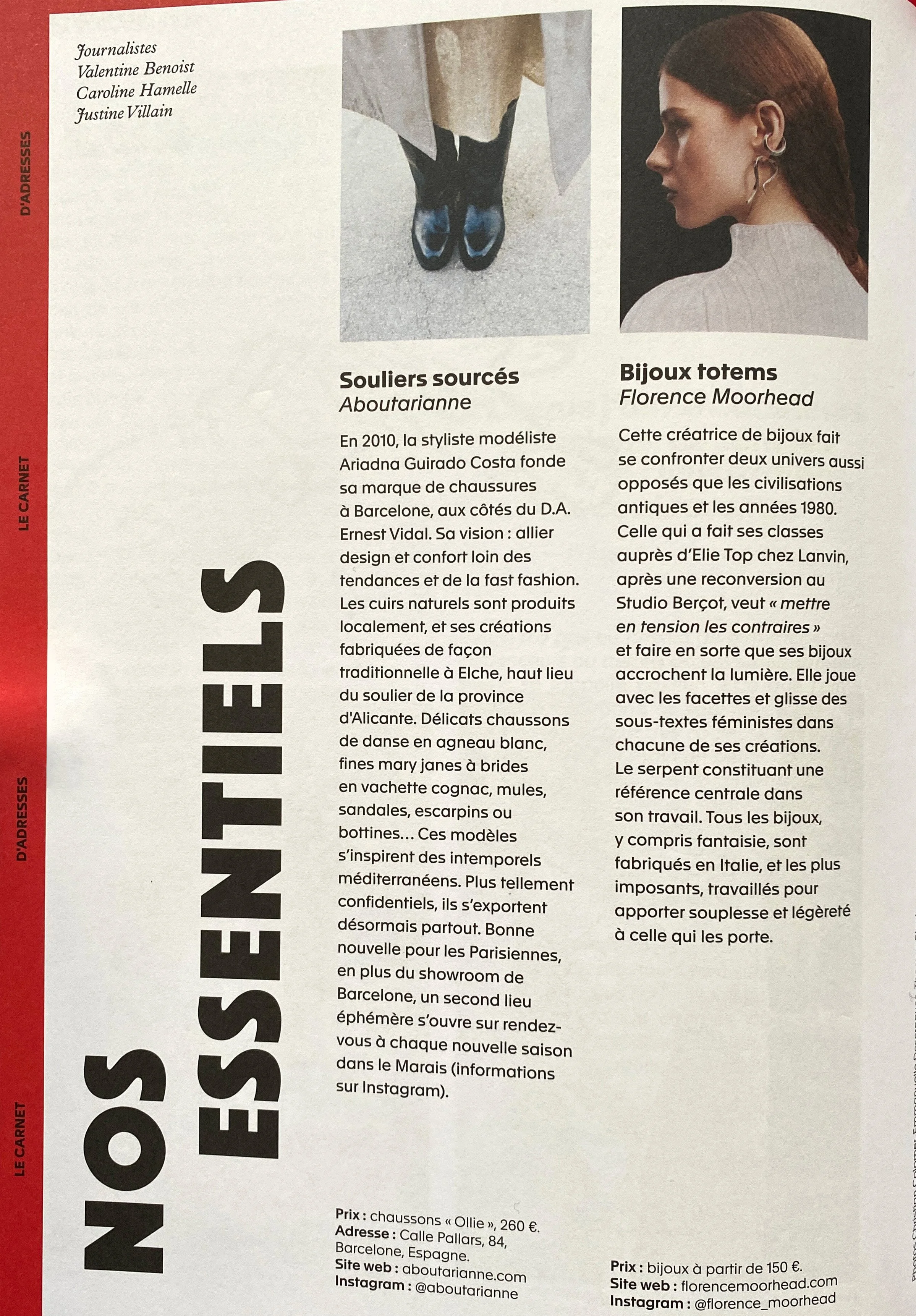 Page de magazine appelée "nos essentiels" avec un article du Florence Moorhead