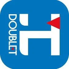Logo van Doublit met een blauw achtergrond, wit symbool en rode driehoek.