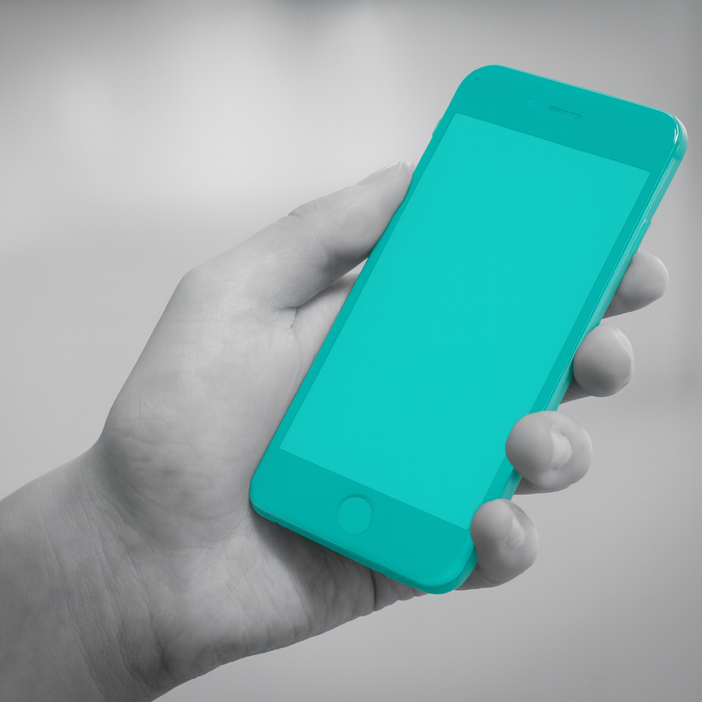 Hand hält Smartphone mit leuchtend blauer Hülle gegen grauen Hintergrund