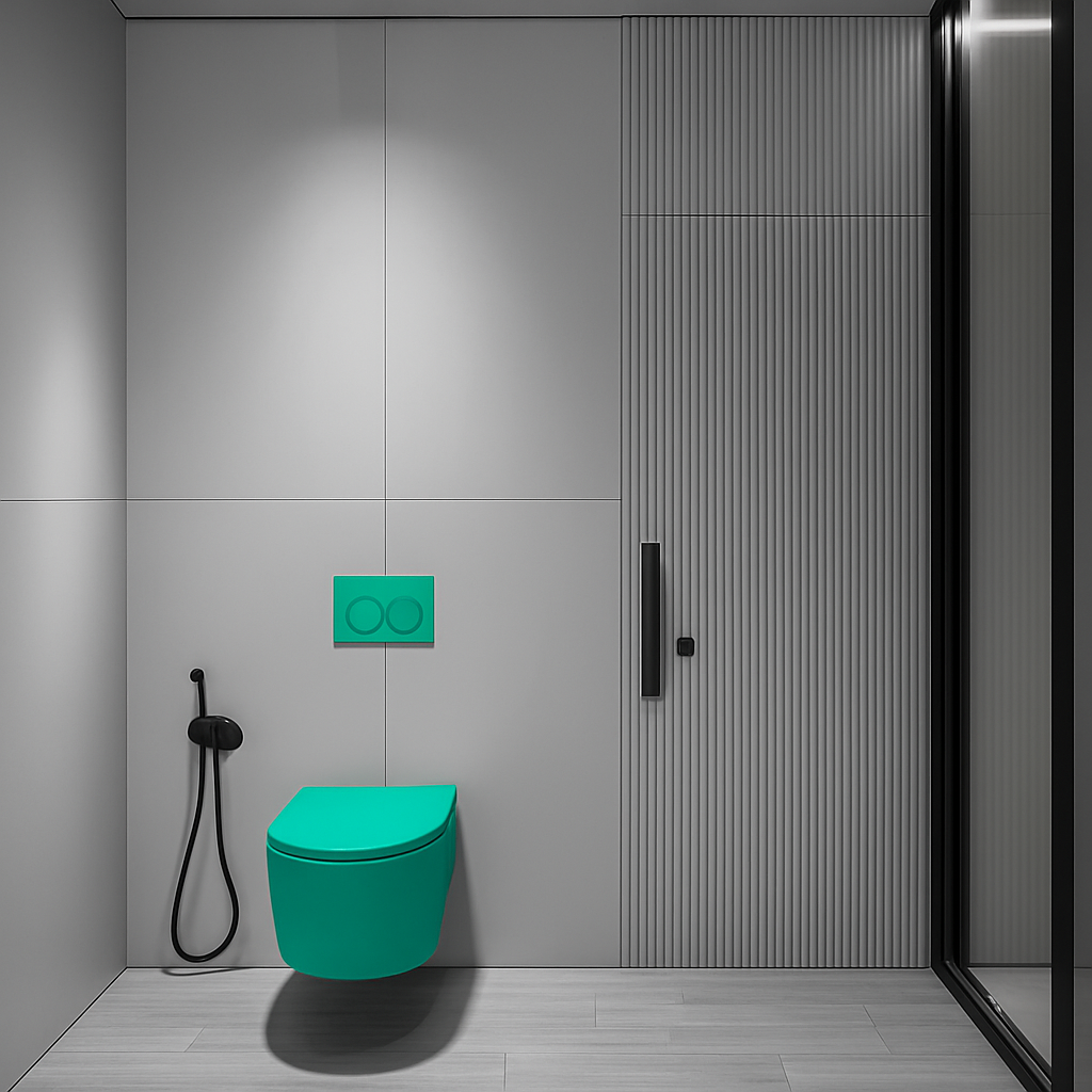 Modernes, minimalistisches Badezimmer mit grauer Wand und Fliesen, grüner Wandtoilette und Spülkasten, Handbrause, graugestreiftem Schrank und Glasduschtür.