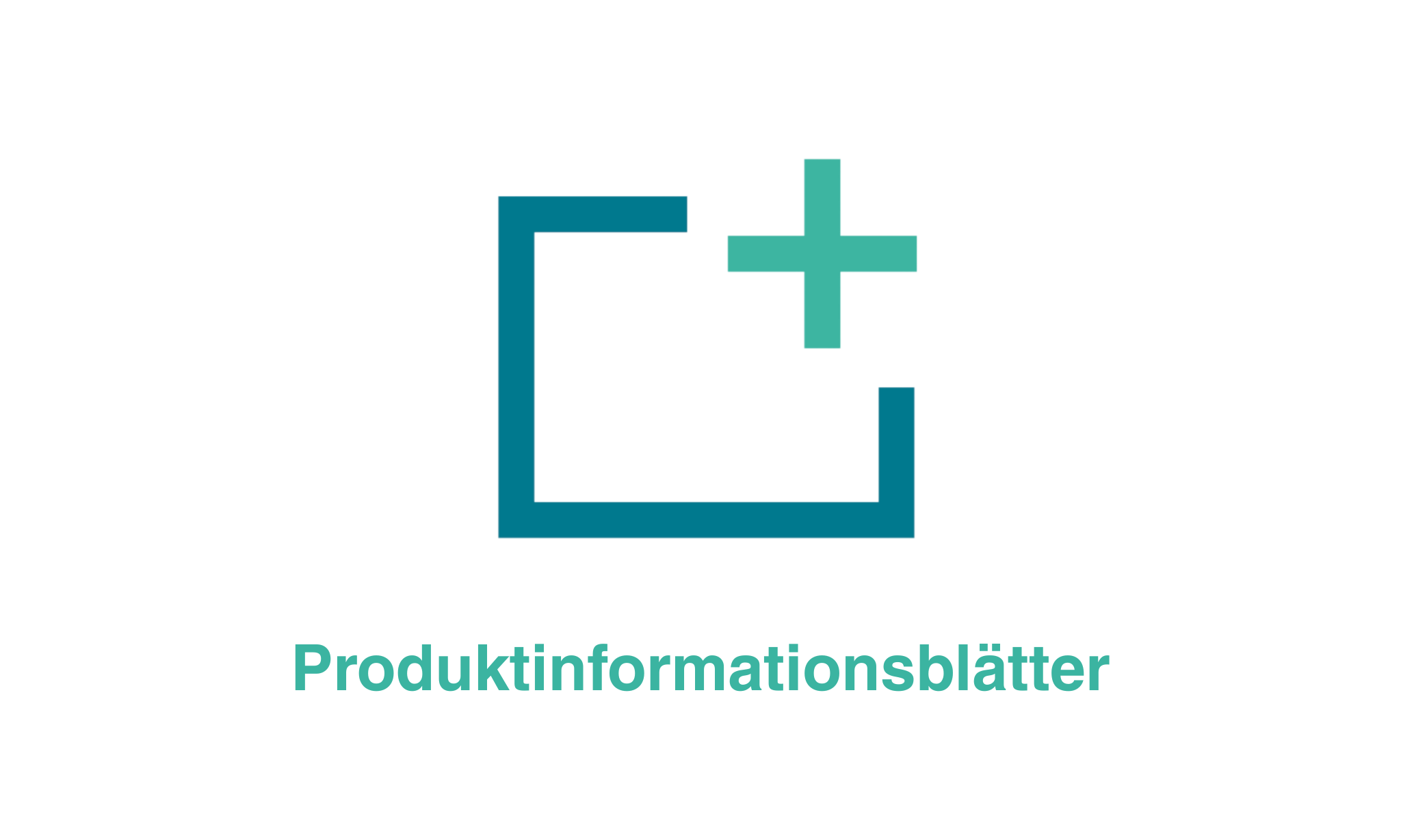 Icon eines offenen Präsentationsfensters mit einem Pluszeichen darüber, darunter der Schriftzug 'Produktinformationsblätter'