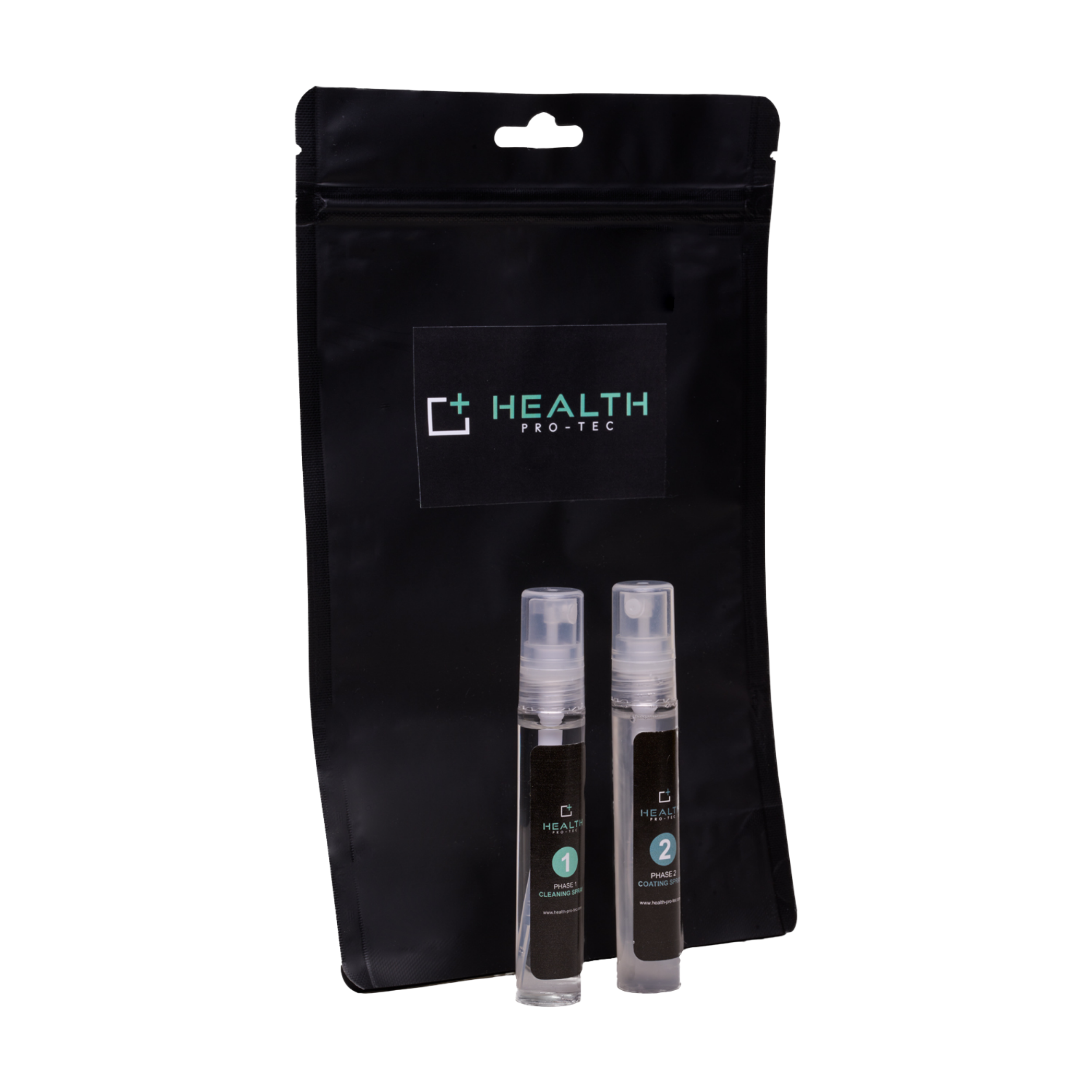 Schwarze Verpackung mit zwei transparenten Sprühflaschen, die Markierungen mit Nummern 1 und 2 haben, für Gesundheitsprodukte.