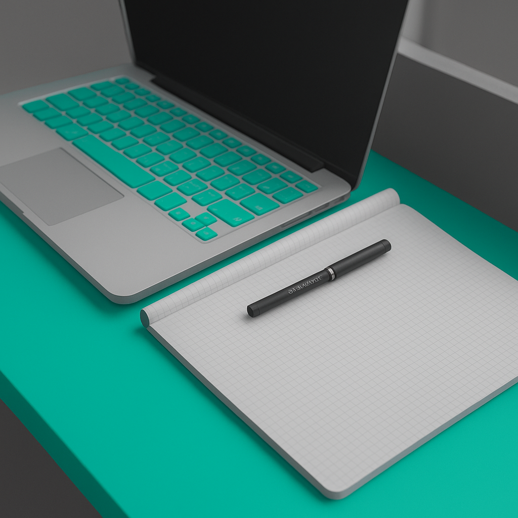 Laptop mit blauen Tastenkappen, Notizbuch mit Gitterblatt und schwarzem Stift auf türkisem Tisch.