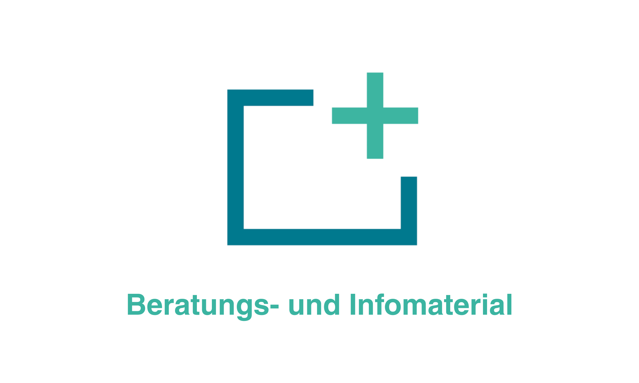 Icon eines Briefkastens mit einem Pluszeichen darüber, darunter die Worte 'Beratungs- und Infomaterial'