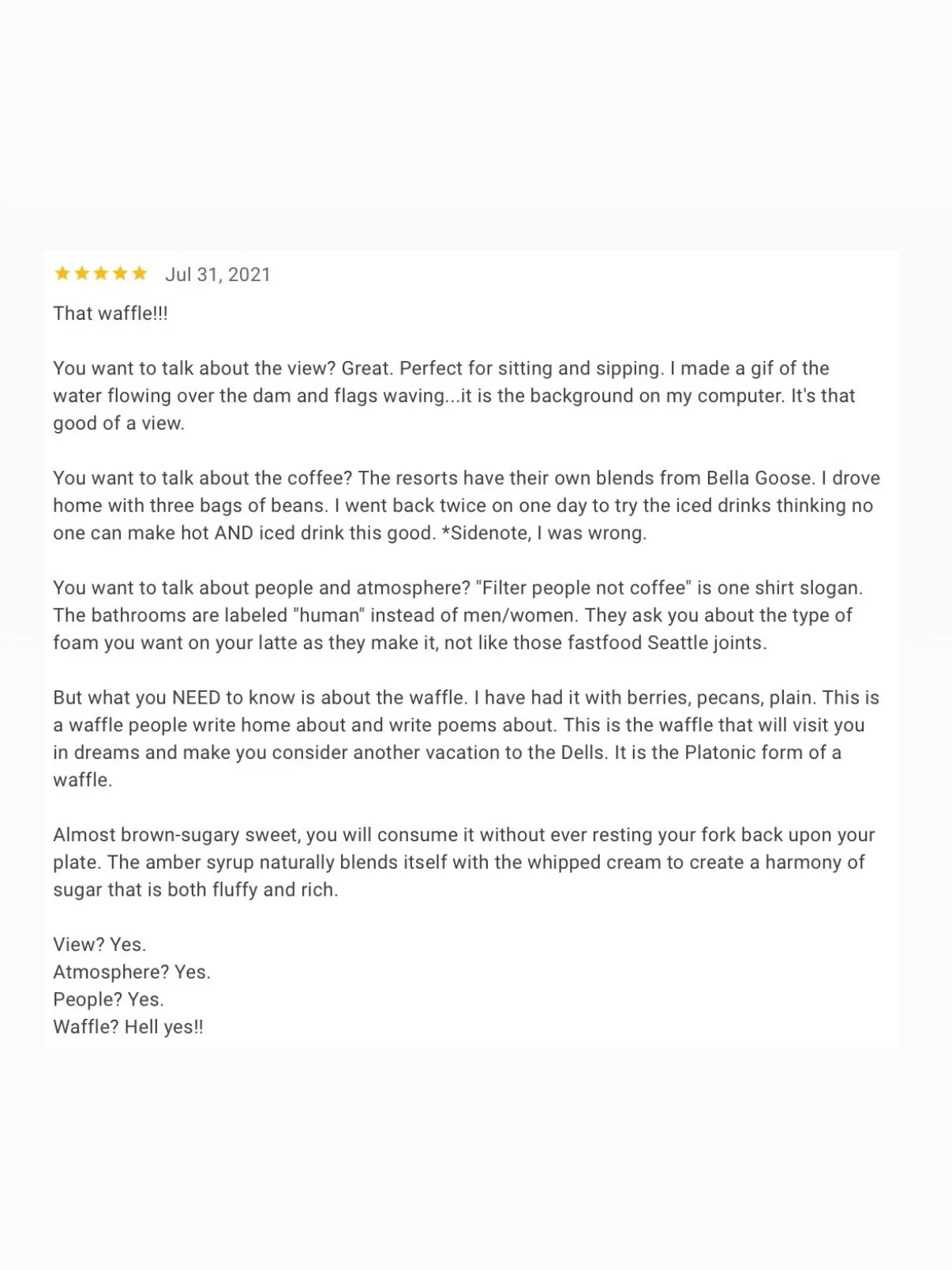 Reviews that have made us smile lately. 

#localcoffee #bellagoose #wisconsindells #wisdells