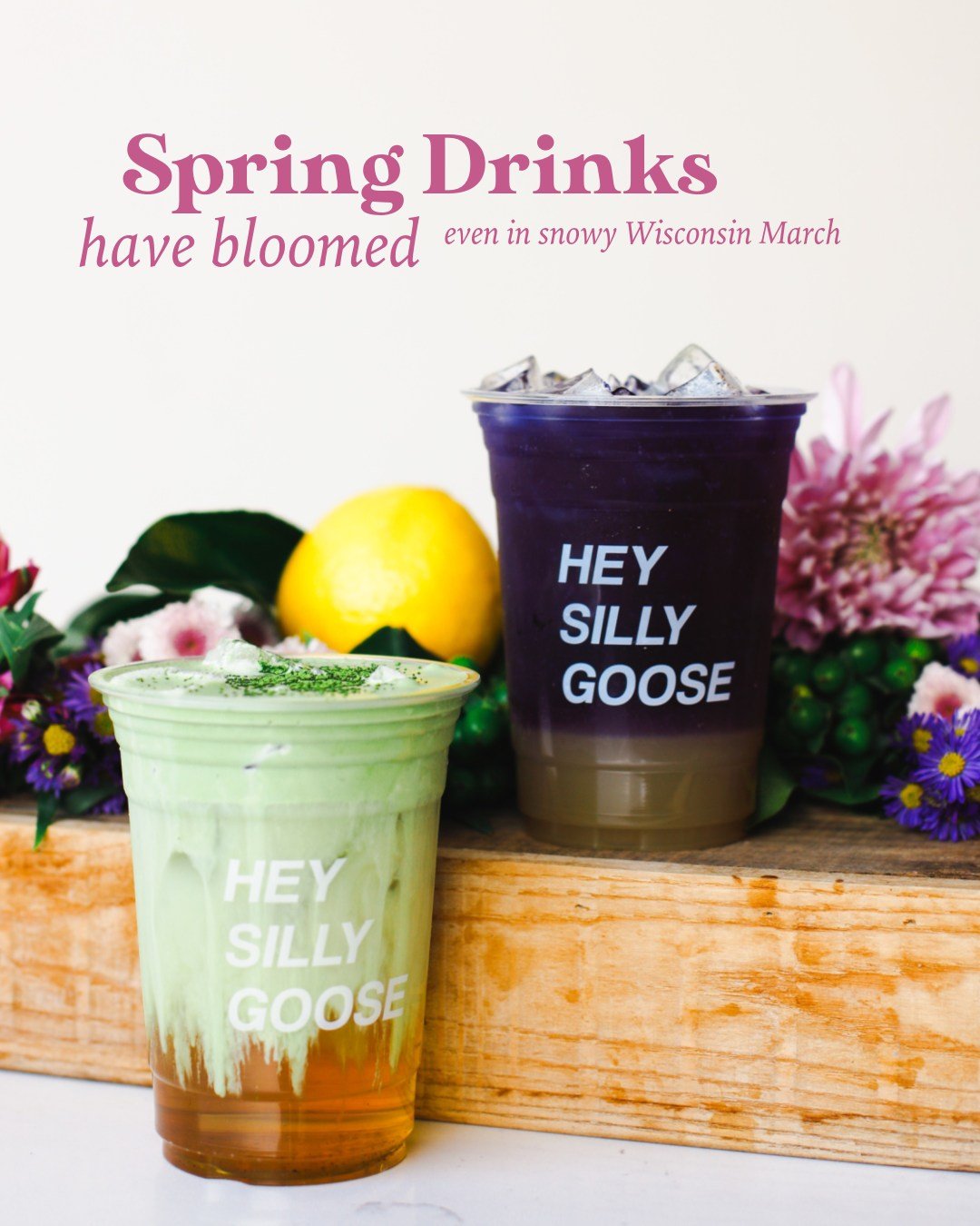 Nothing says "Spring Drinks" like getting two feet of snow in March. We're still cheers-ing to sunny days ahead with our new spring drinks 💐

-Cloudy Tea Garden: iced pomegranate white tea, simple syrup, vanilla match cold foam

-Indigo Sp