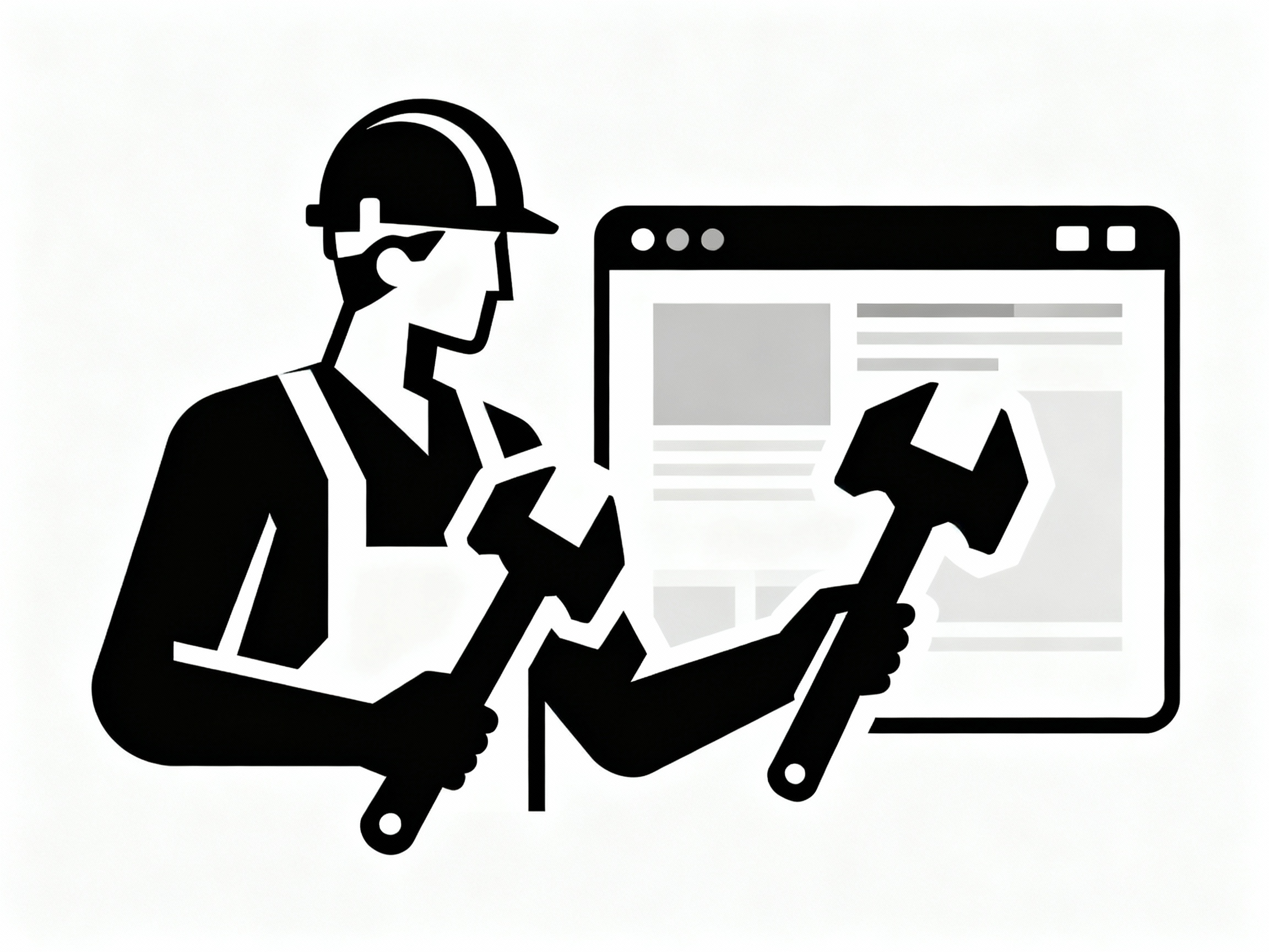 Symbolische Darstellung eines Handwerkers mit Helm und Werkzeug vor einem Computerbildschirm.