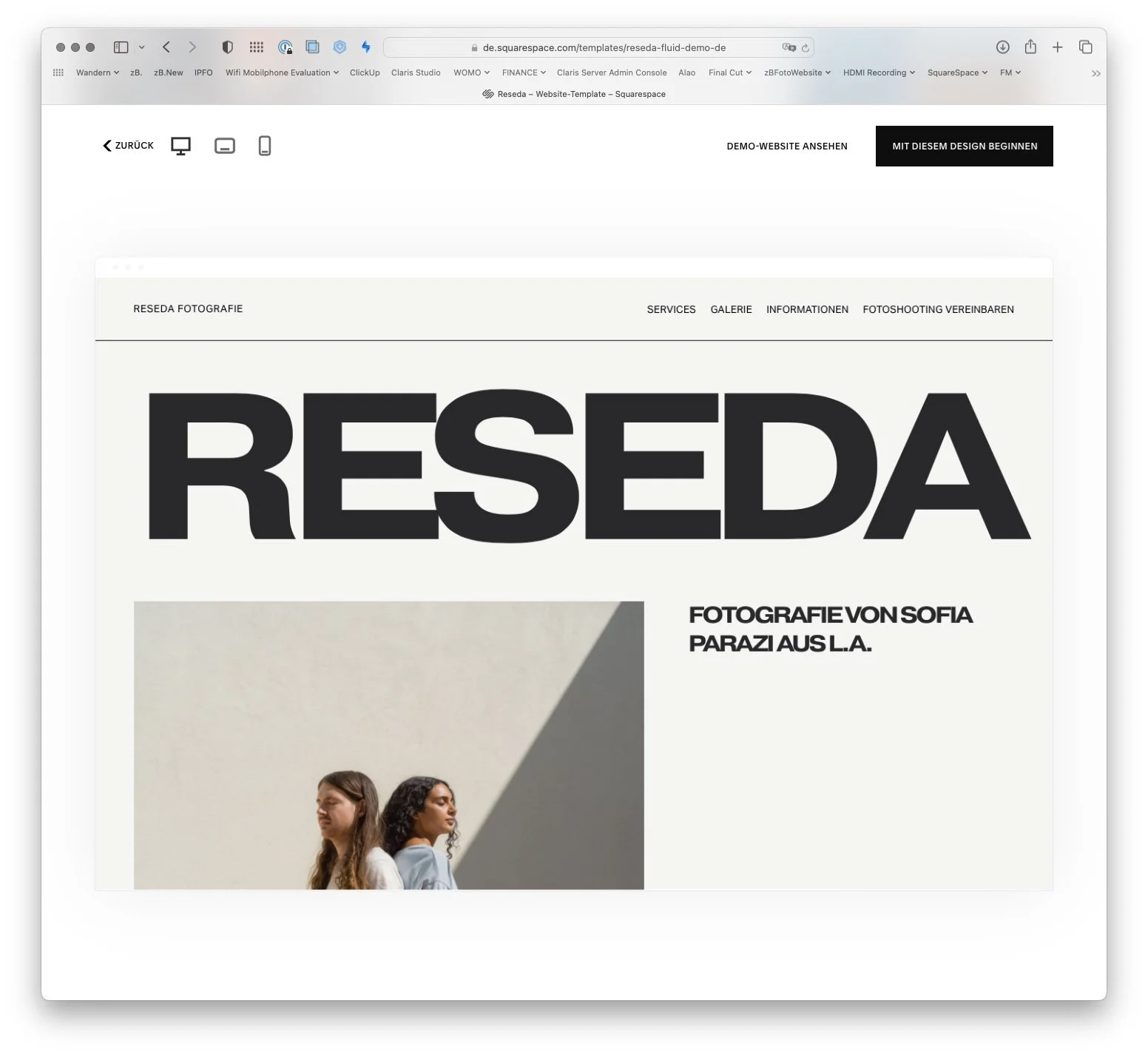 Webseite einer Fotografin namens Sofia Parazi aus L.A., Startseite mit großem Text 'RESEDA' und einem Bild von zwei Frauen in einem Sonnenlicht-Panel.