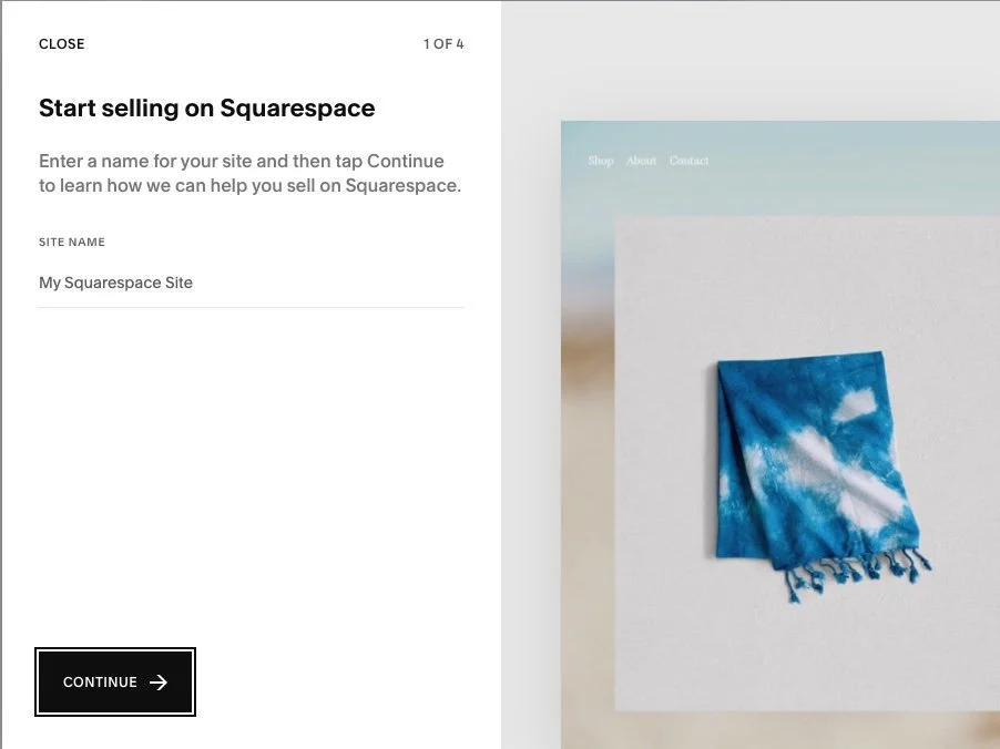 Screenshot einer Webseite, die das Verkaufen auf Squarespace beschreibt, mit einem blauen Tuch auf einem weißen Hintergrund.