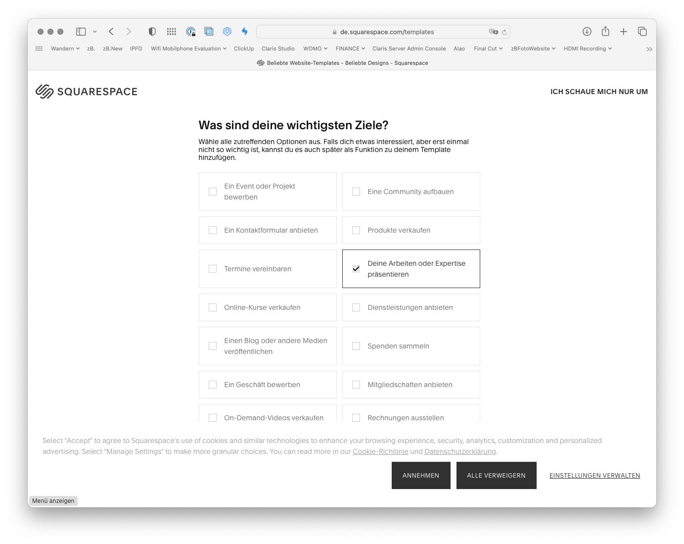 Screenshot eines Online-Formulars mit der Überschrift "Was sind deine wichtigsten Ziele?" und mehreren Auswahlmöglichkeiten, bei denen die Option "Deine Arbeiten oder Expertise präsentieren" markiert ist. Der Button "Annehmen" ist sichtbar.