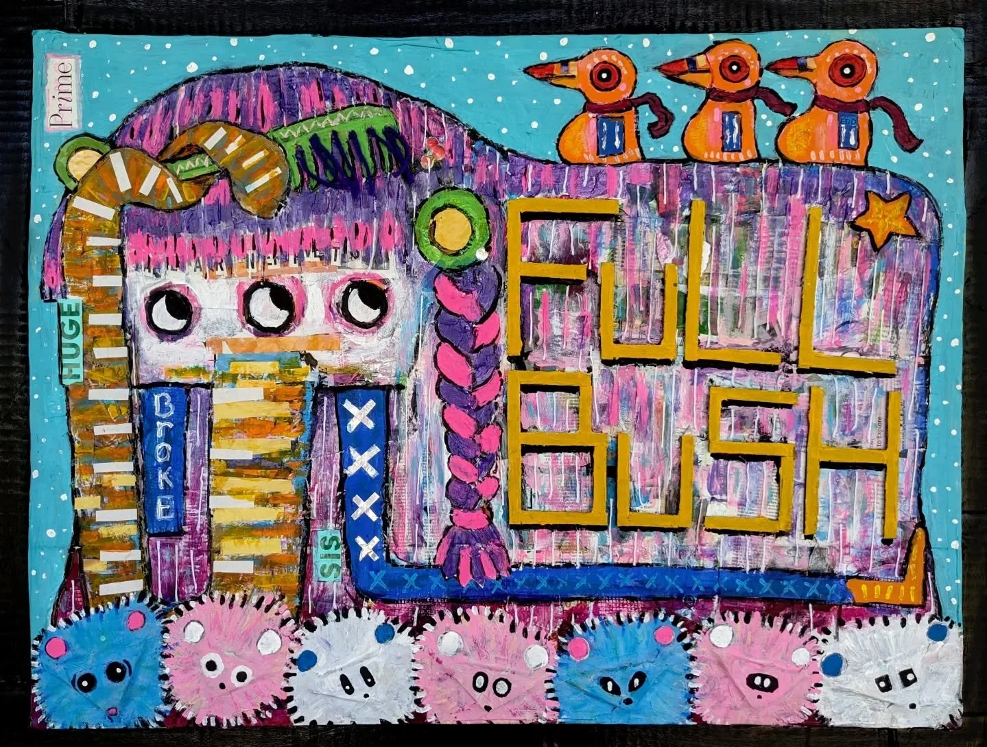 𝗙𝗨𝗟𝗟𝗕𝗨𝗦𝗛 🦣
------------------------------------------------------------------
This piece was created for the Queer Art Salon,  it features a large and colorful Mammoth surrounded by pastel-colored mice. There are three oxpeckers perched up t