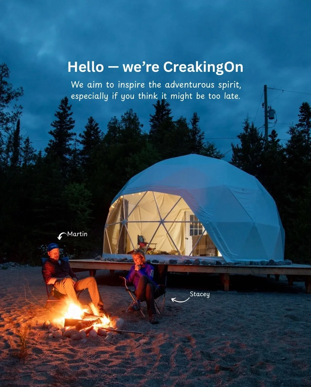 We&rsquo;re Martin, Stacey, and Sprocket &mdash; and we&rsquo;re CreakingOn.

A photographer, a retired teacher, a trail-loving Aussiedoodle&hellip; and a shared belief that adventure doesn&rsquo;t come with an expiry date.

Over the past decade, we&