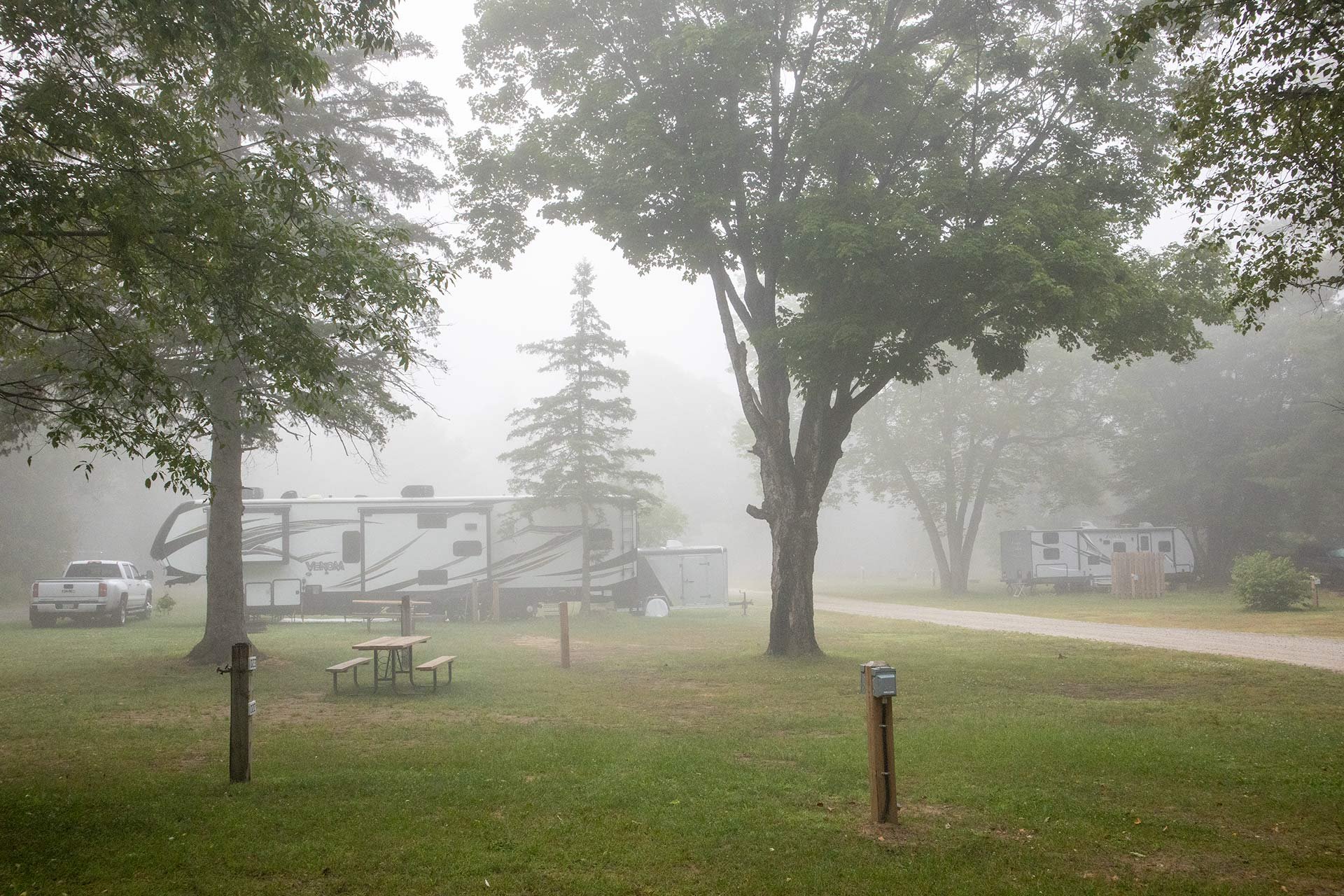 Foggy morning at Huntsville Lagoons RV resort
