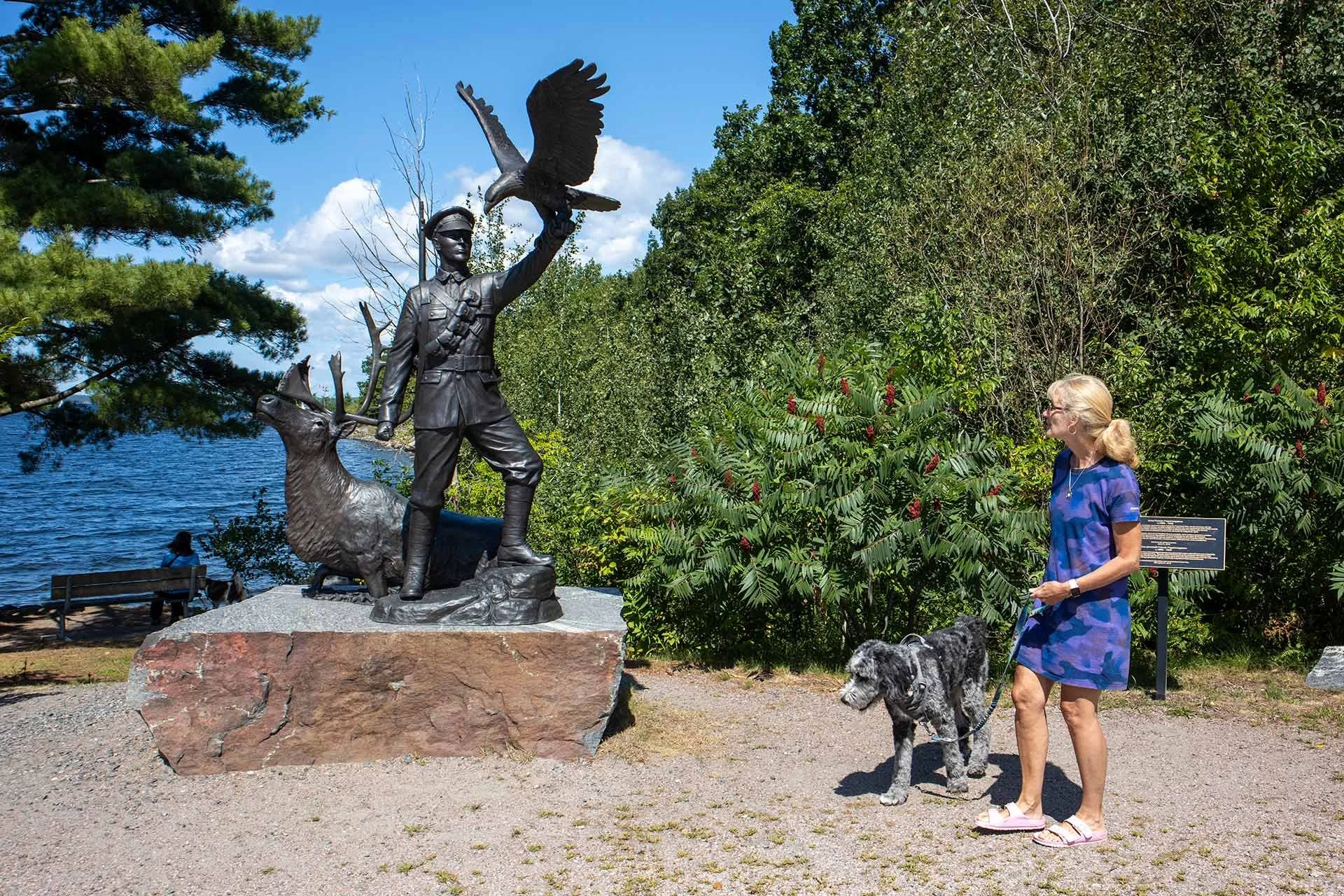 Walking by the Francis Pegahmagabow Monument, Parry Sound, Ontario.