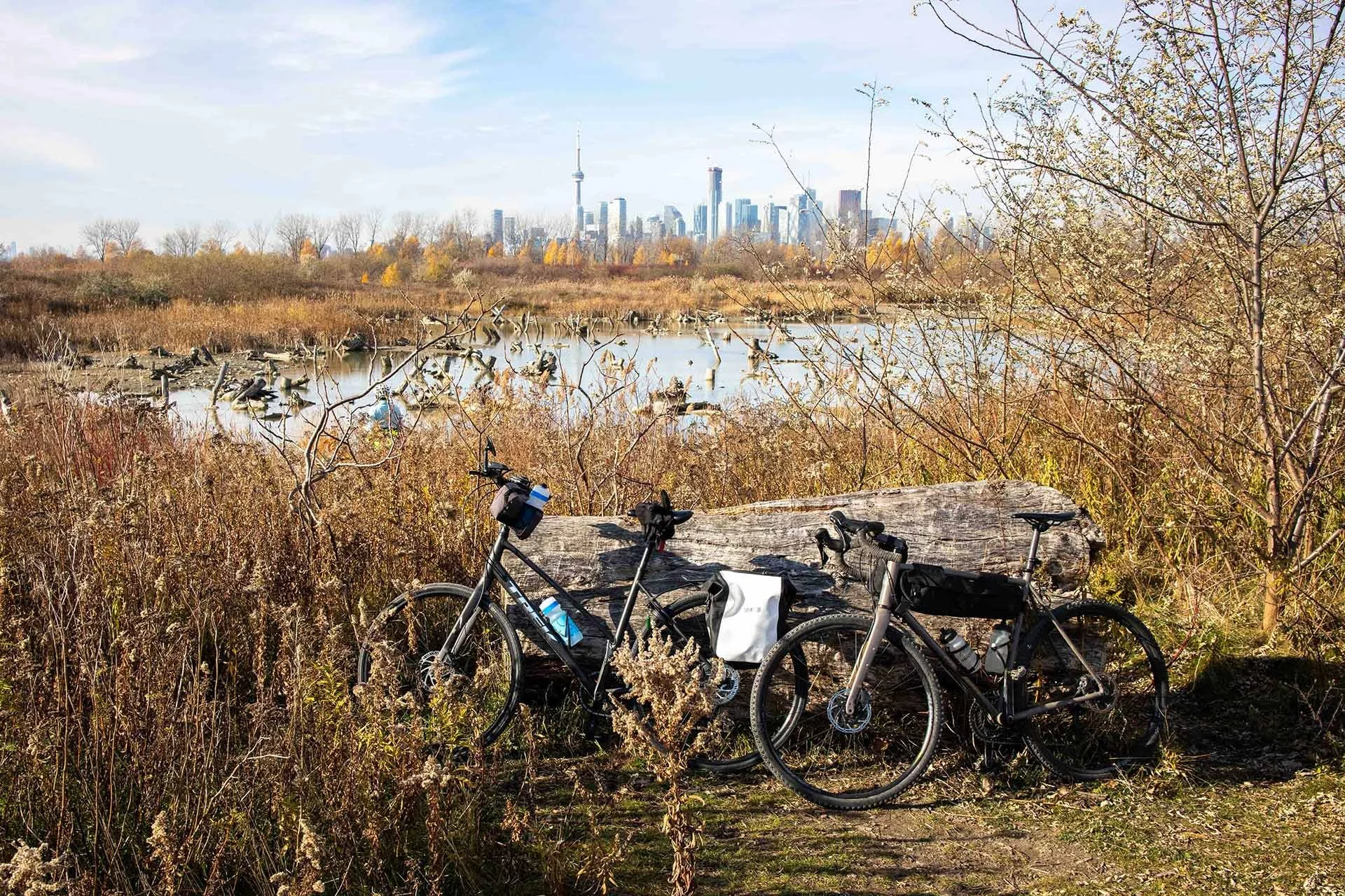 Bikes at Tommy Thompson Park with Toronto in the background