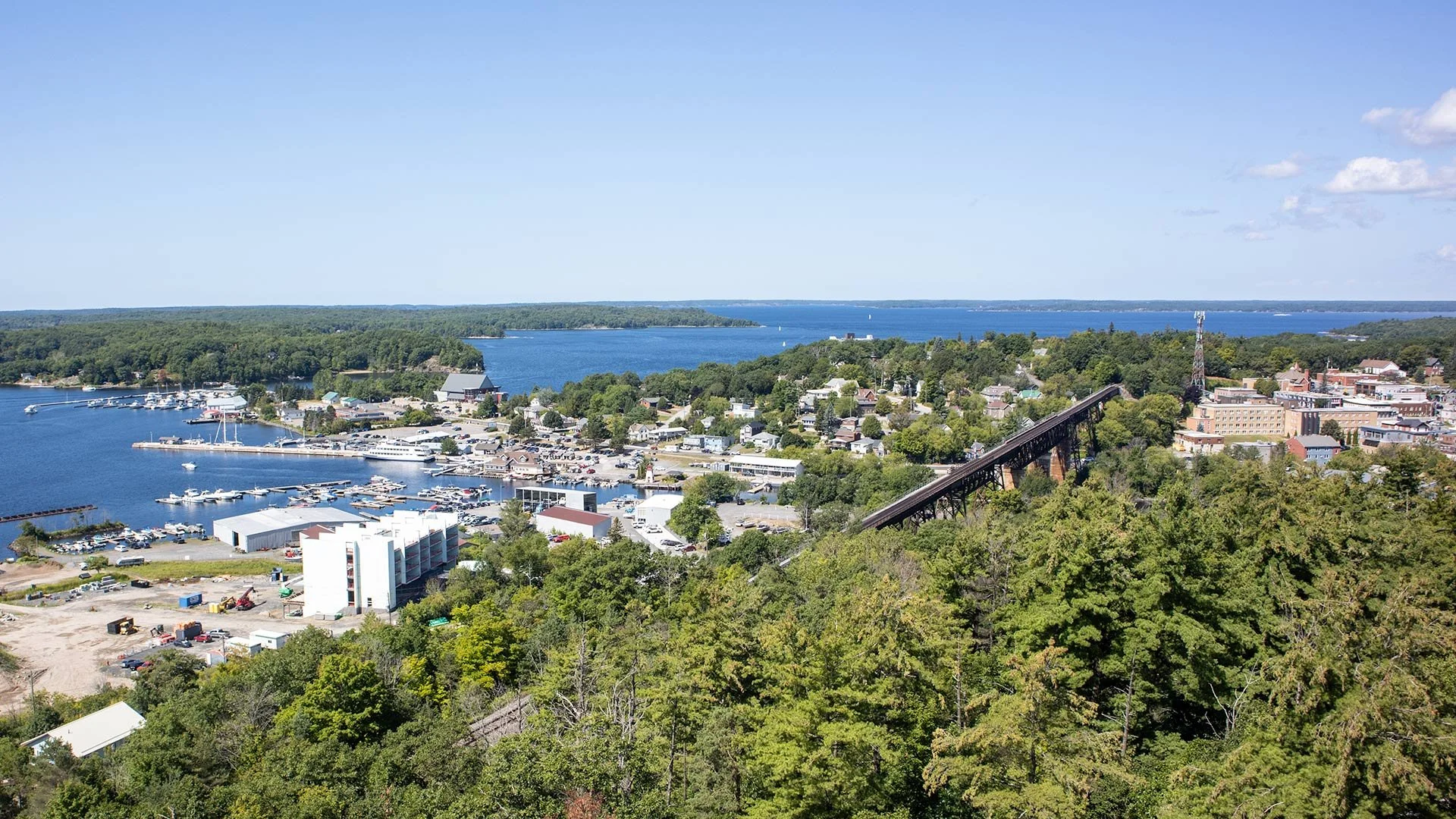 Parry Sound below, a view from the lookout tower at Tower Hill Heritage Garden.