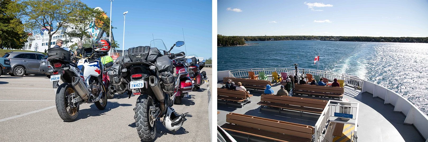 Bikes waiting for the MS Chi-Cheemaun Ferry and view from the ferry.