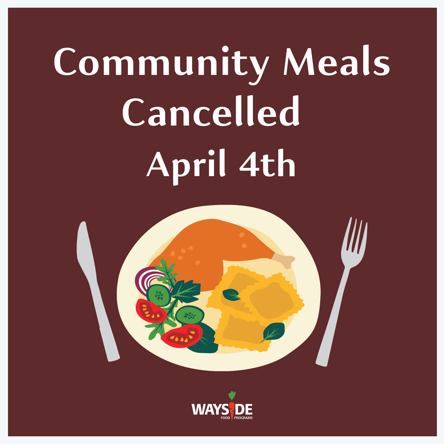 Due to the storm, all meals have been cancelled for Thursday, April 4th. Stay safe and warm!
.
.
#noreaster2024 #communitymeals #community