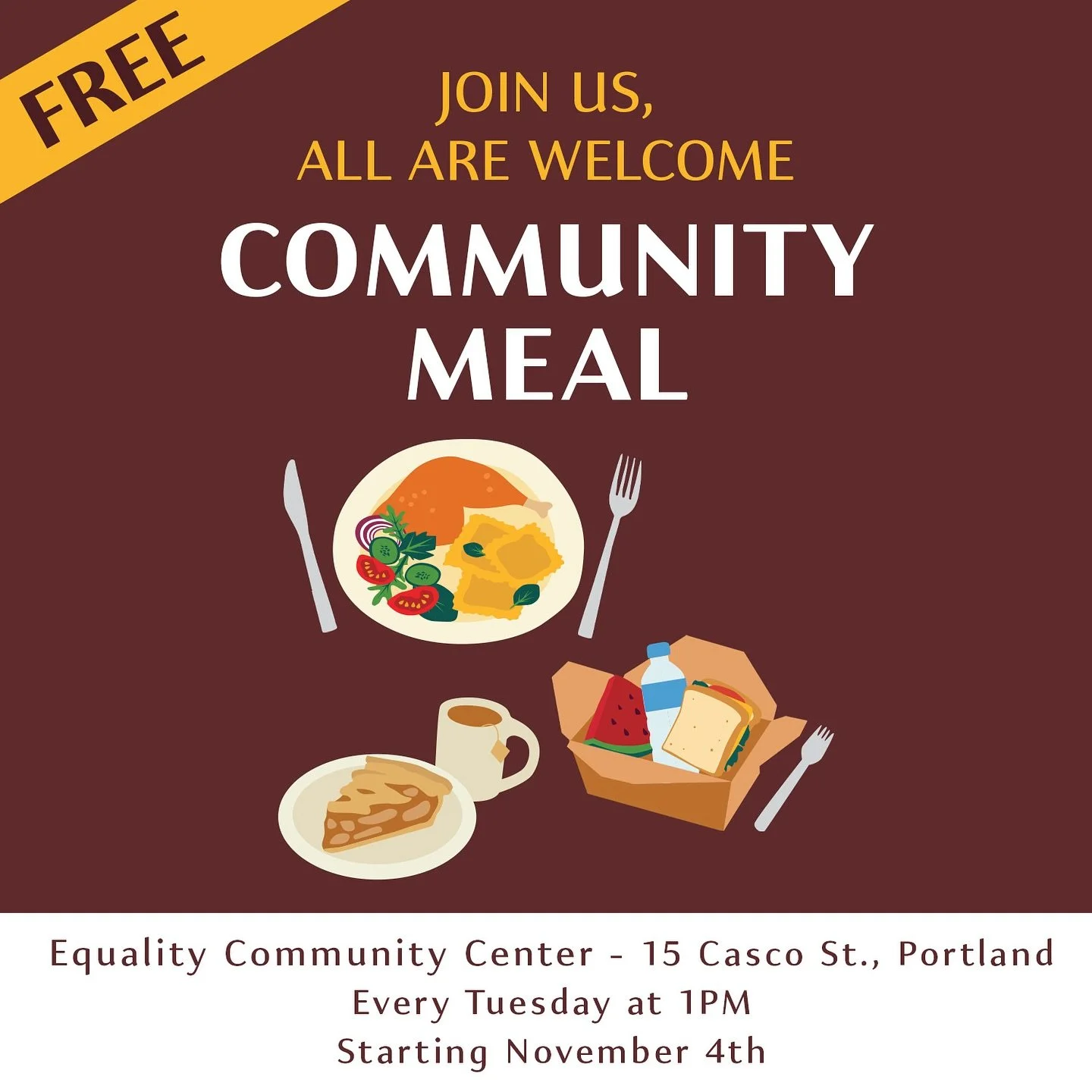 **Please share** We are excited to announce our new FREE weekly meal at Equality Community Center (15 Casco St., Portland) begins on Tuesday, November 4th, at 1PM!
.
.
.
#community #freemeal #foodrescue #zerowaste #portlandmaine
