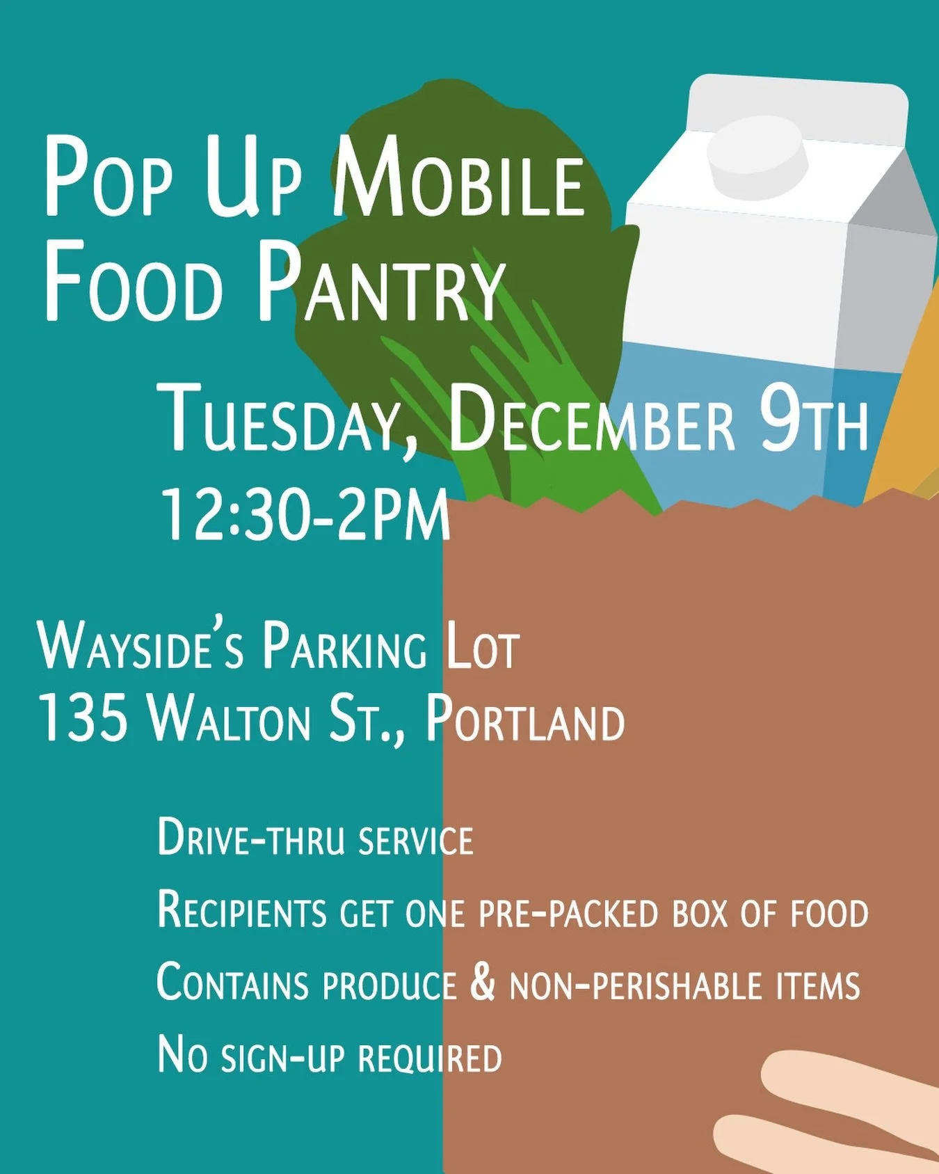 *Please share* On Tuesday, December 9th, we will have a mobile food pantry in our parking lot from 12:30-2pm. This is a drive-thru service, and folks will receive one pre-packed box of food (produce &amp; non-perishable). No sign-up required. The add
