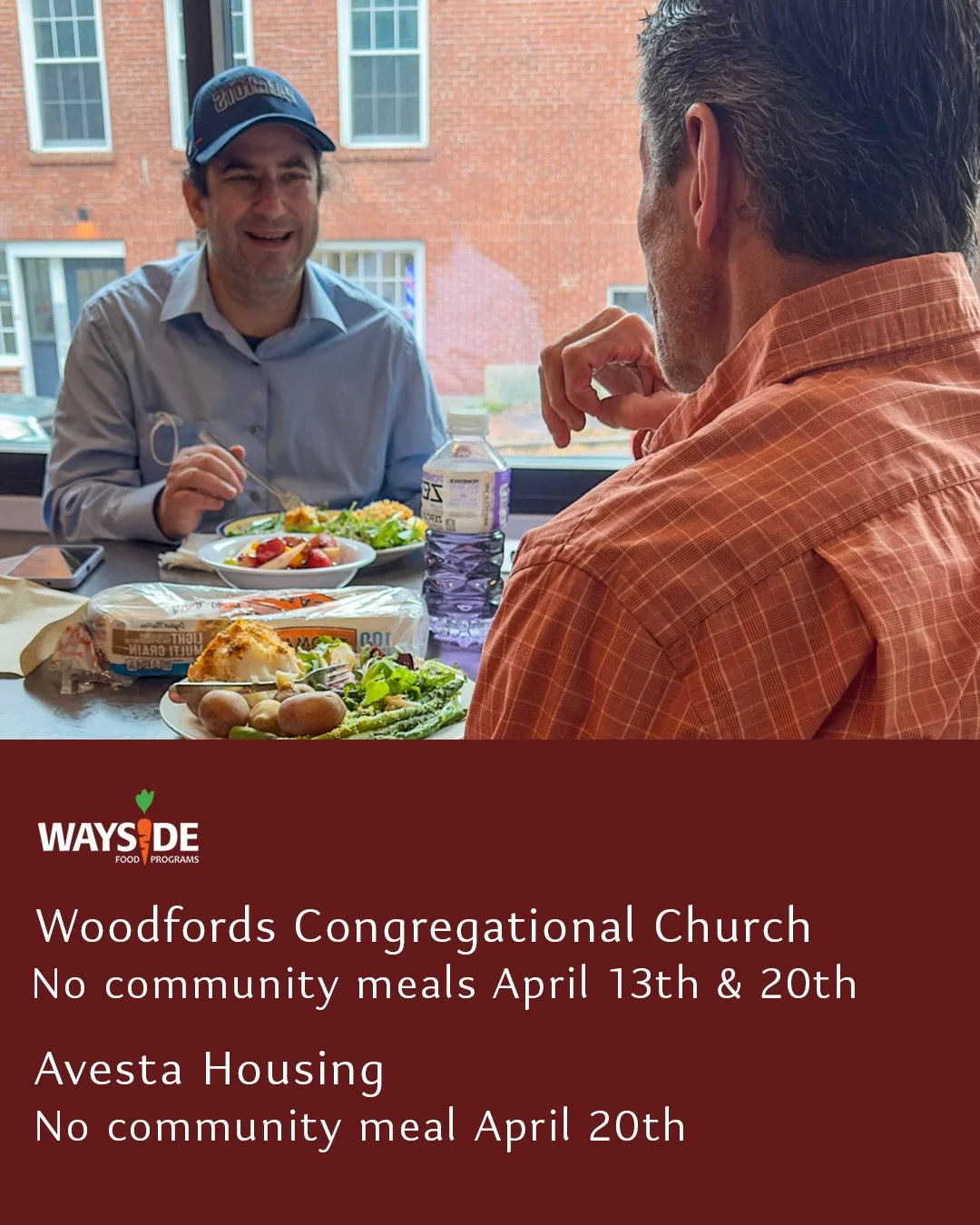 Happy Friday, everyone! Just a heads up, we have some changes to our Community Meals schedule for the next two Mondays.
.
Woodfords Congregational Church
No meals 4/13 &amp; 20
.
Avesta Housing
No meal 4/20
.
.
#communitymeals #FoodRescue #zerowaste 