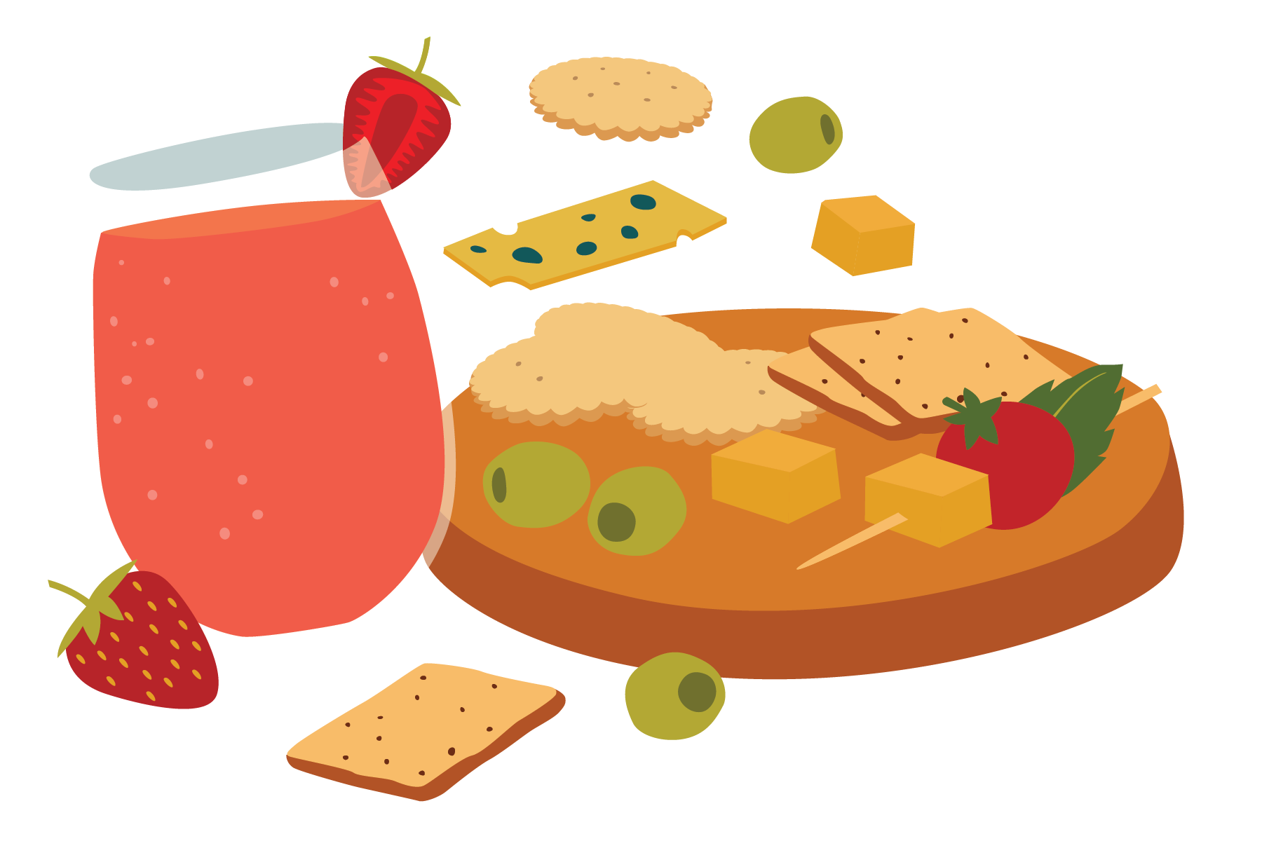 Illustration of a charcuterie board with crackers, cheese, grapes, cherry tomatoes, and a strawberry, with a glass of pink beverage