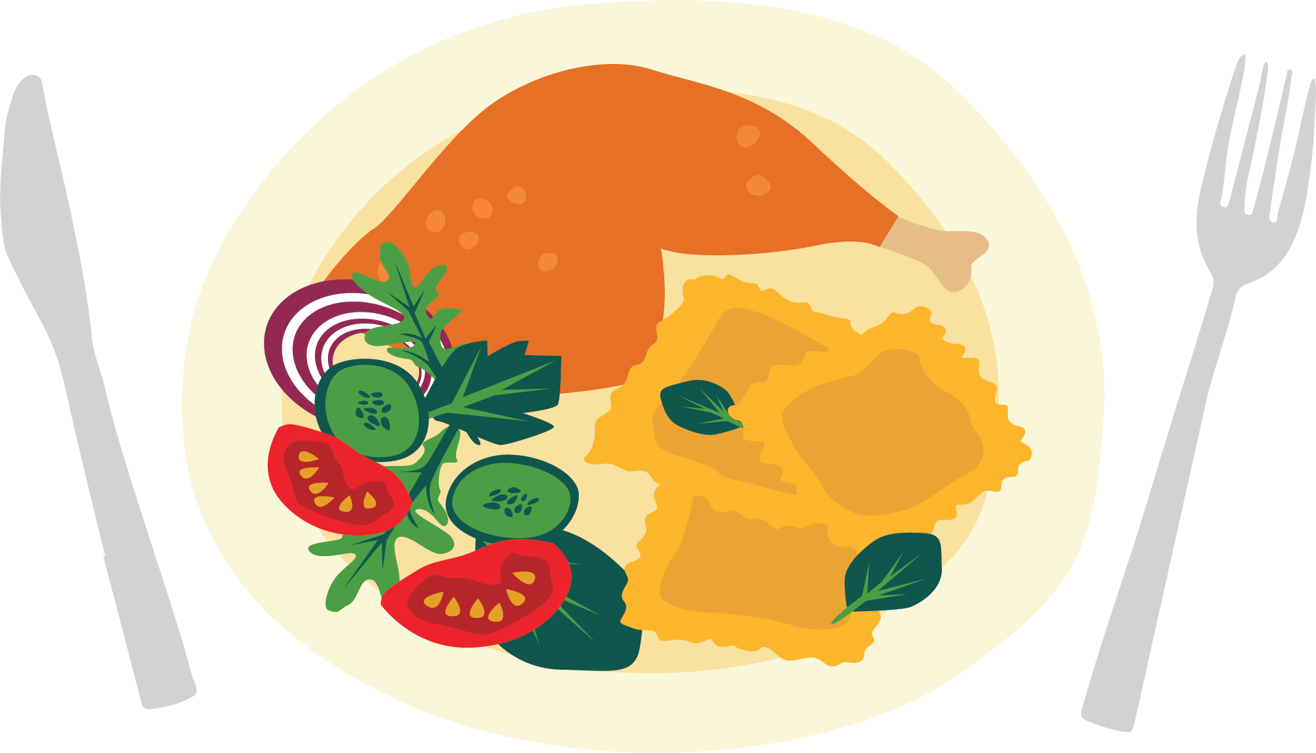 Illustration of a plate with chicken, ravioli, salad