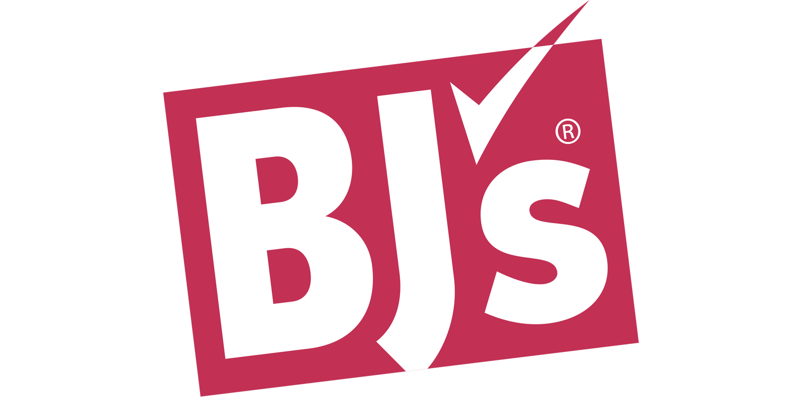 BJS logo in bold white letters on a tilted maroon background with a white check mark.