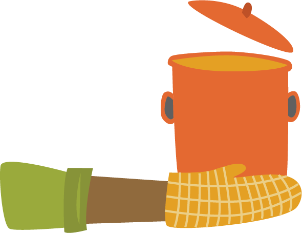 An illustrated arm wearing a green sleeve and yellow checkered oven mitt reaching into an orange cooking pot with a lid.