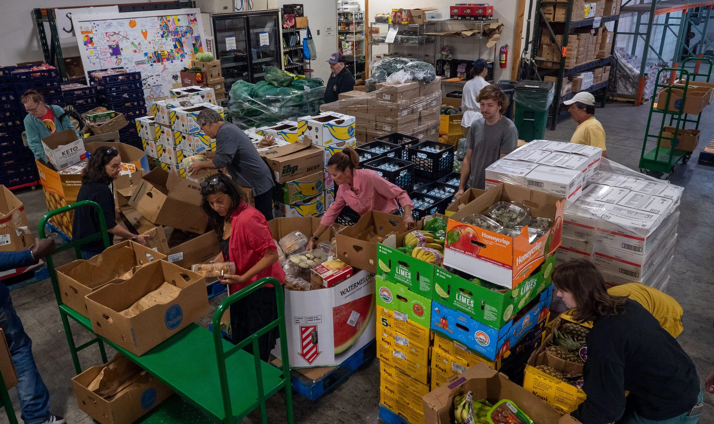 People going through pallets of food