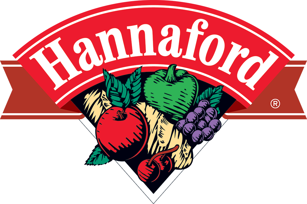 Hannaford logo with illustrations of an apple, a green pepper, a bunch of grapes, a banana, and two cherries.