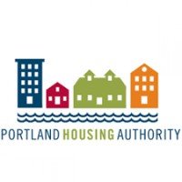 Logo of Portland Housing Authority with colorful buildings and water waves