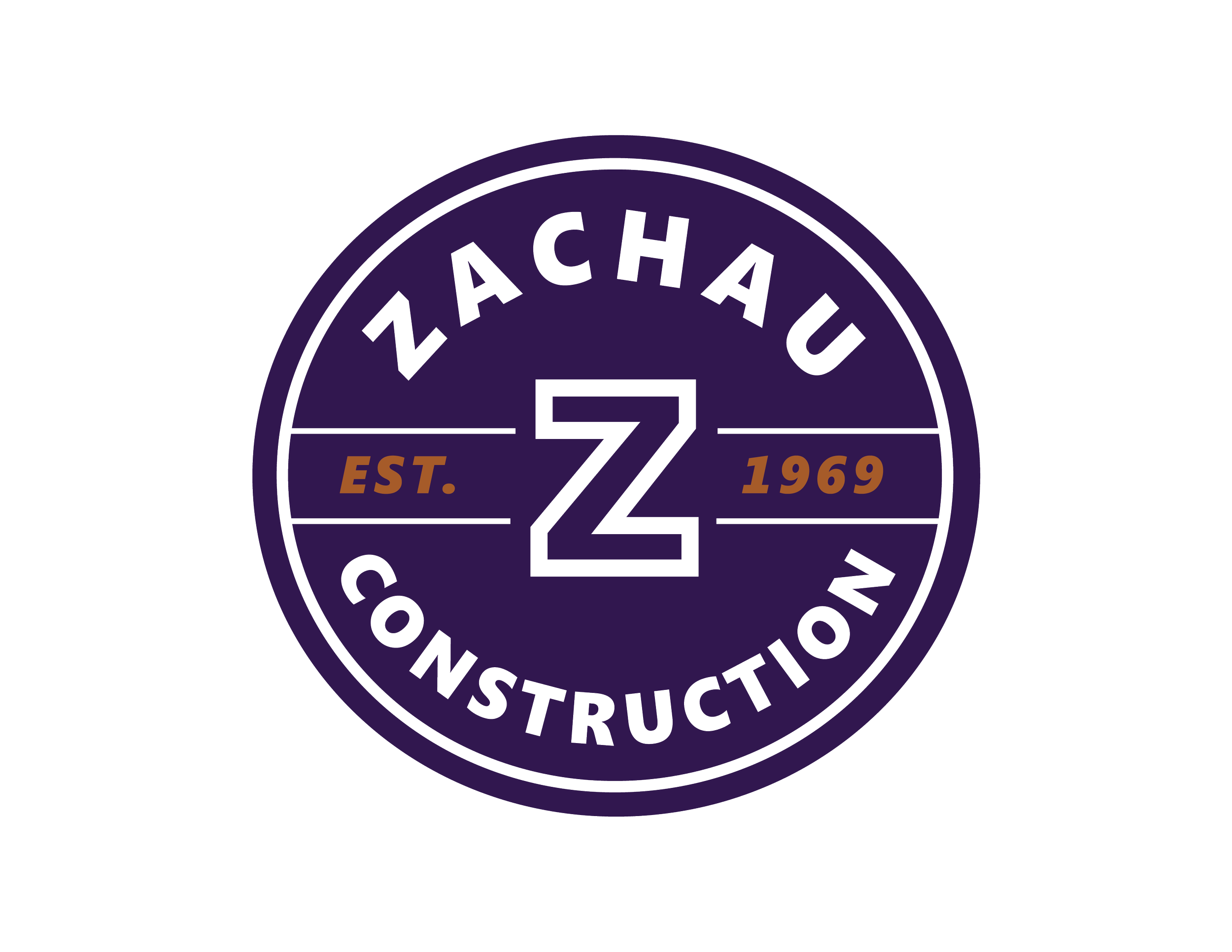 Purple circular logo with black and orange text reading "ZACHAU CONSTRUCTION EST. 1969" and a large black Z in the center.