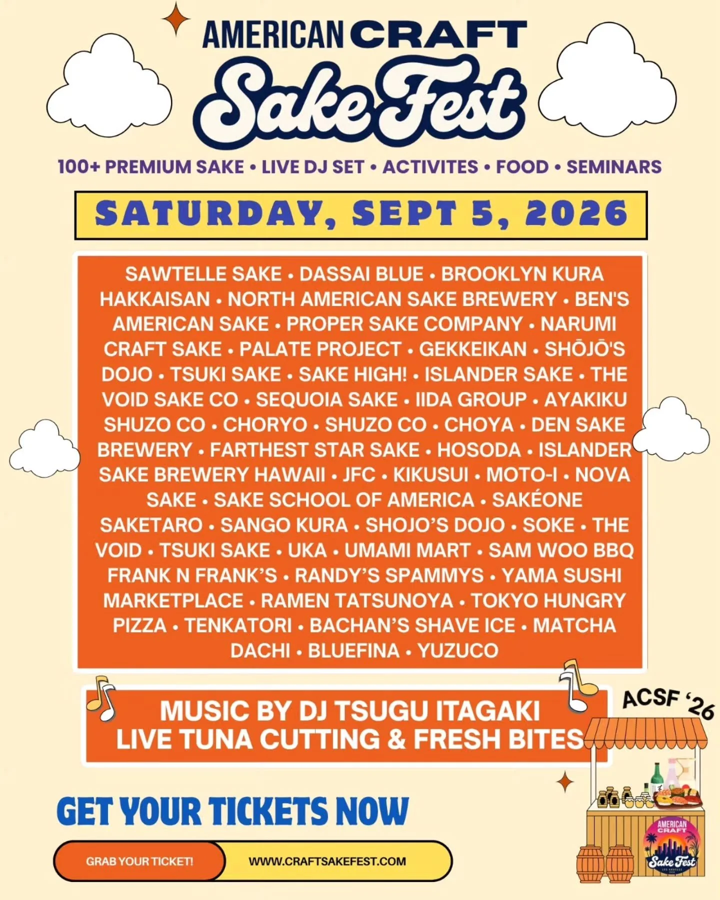 We&rsquo;re officially ONE WEEK AWAY from the American Craft Sake Fest! 🍶✨ And our sake + food lineup is CONFIRMED!

Get ready to sip, snack, and discover sake like never before with 100+ unlimited premium sake tastings, delicious food, live DJ sets