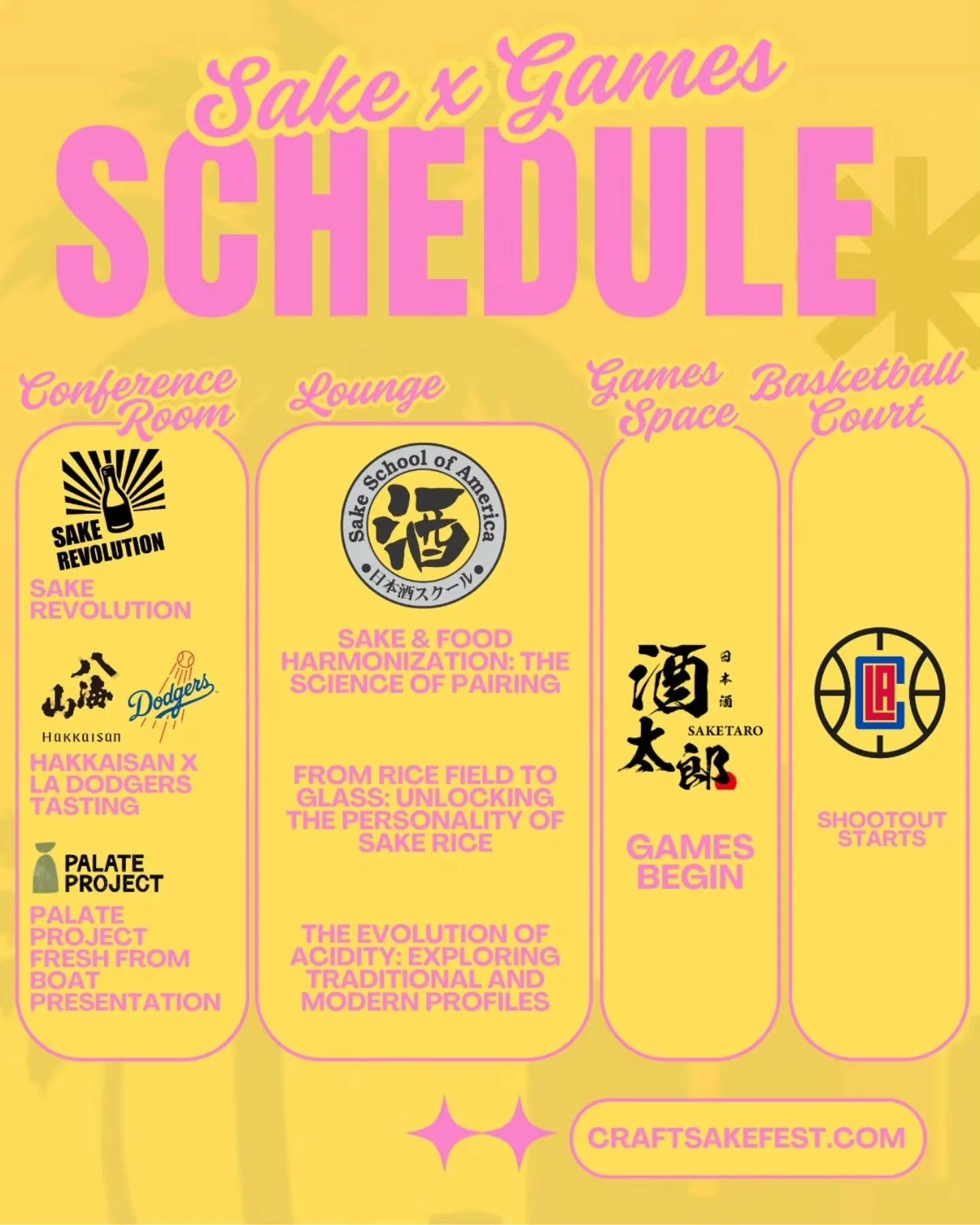 The countdown is on! 🎉 Here&rsquo;s your Sake x Games schedule for the American Craft Sake Fest! 

Between pours, make your way through the festival for tastings, talks, games &amp; a little friendly competition. 👀

🍶 Conference Room
&bull; @saker