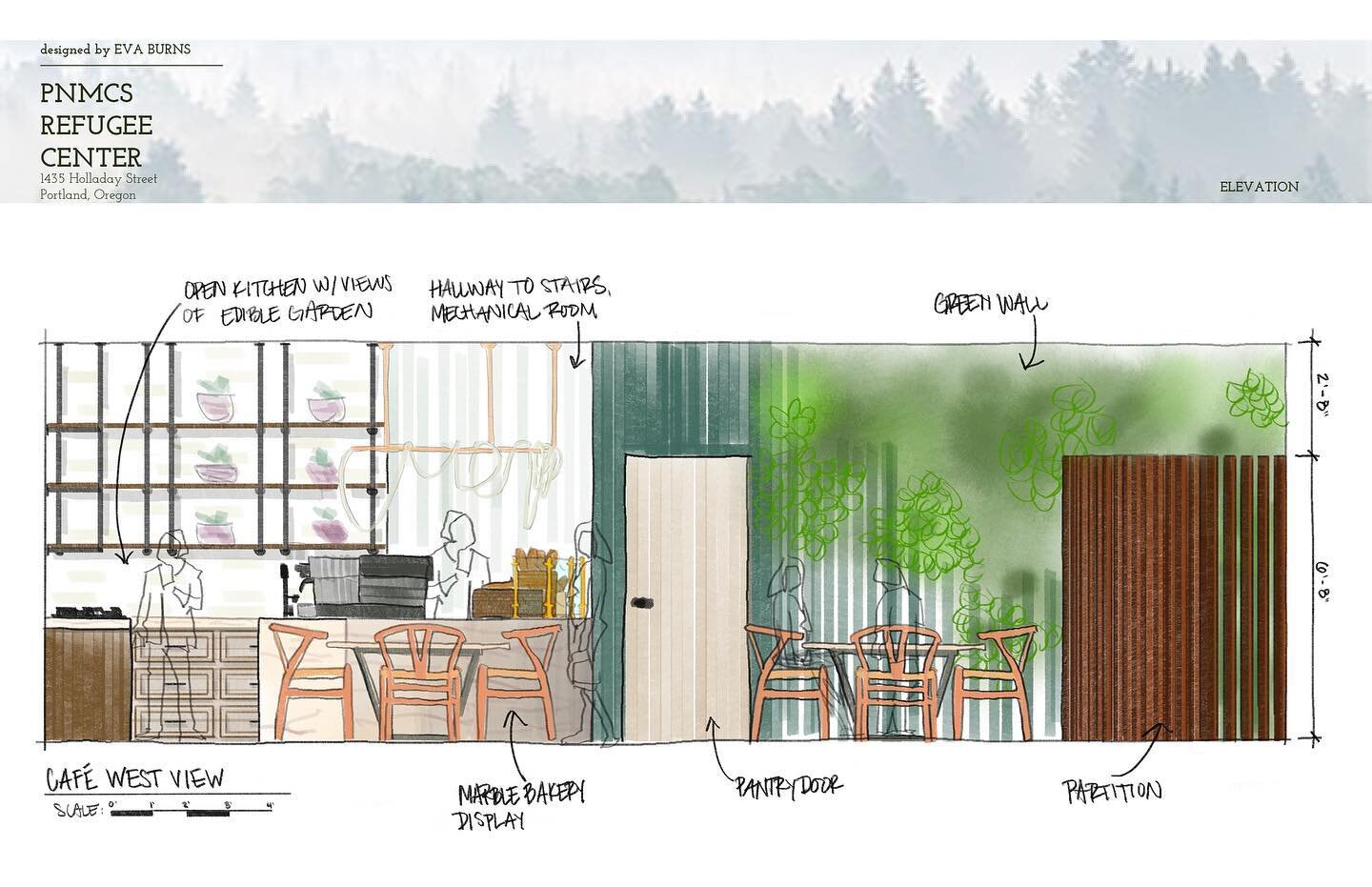 Rendered elevations and furniture plan. This is a project I&rsquo;ve been working on for school for the past two and half months. It&rsquo;s a refugee center in Portland, OR. It&rsquo;s all make believe, but I still try to push myself to find the bes