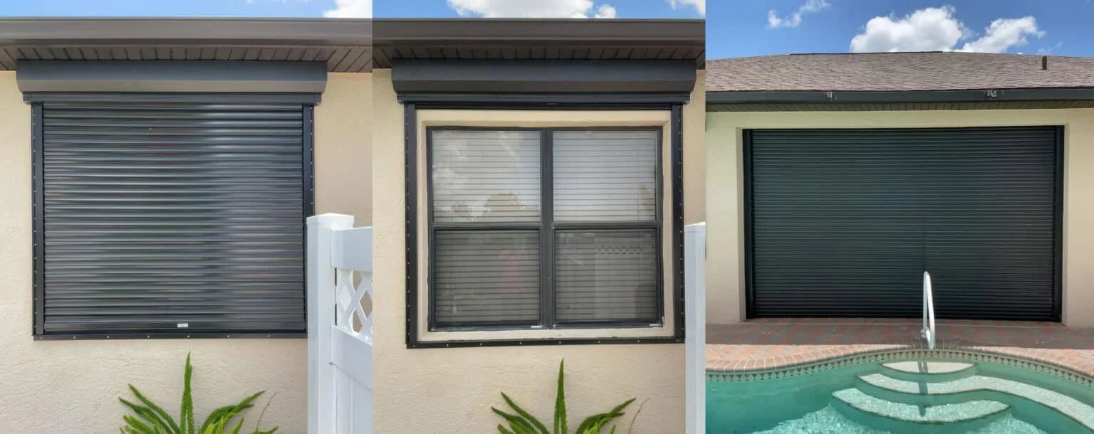 Three images of residential roll-down hurricane shutters: one over a window with plants beneath, one partly open over a larger window, and one fully closed over a garage door next to a pool.