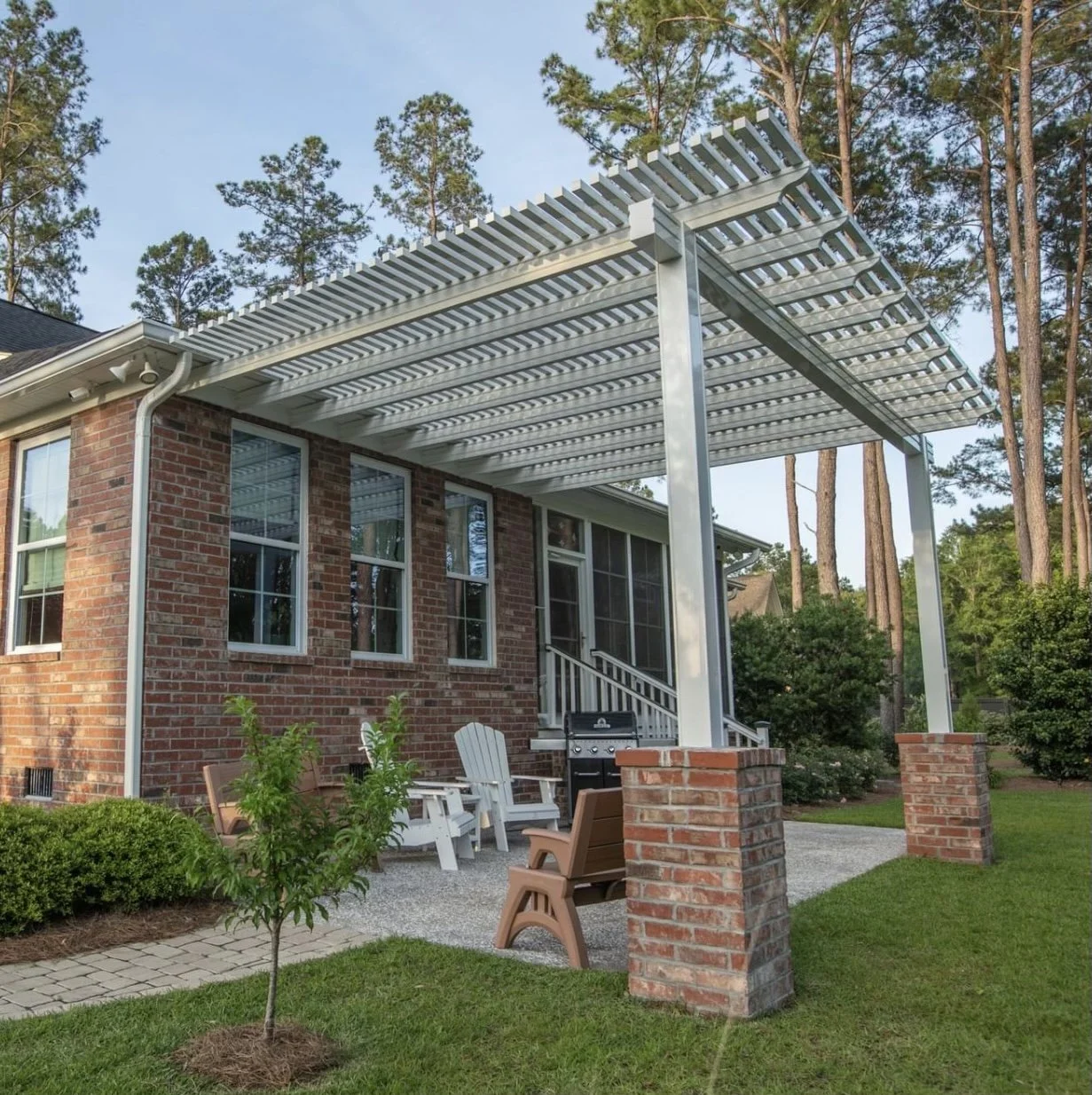 Backyard with pergola and patio furniture