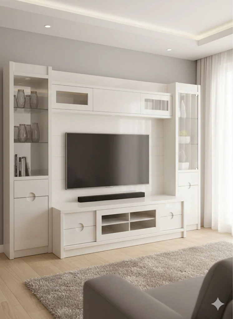 Woonkamer met een witte tv-meubel, een plat beeldscherm en een ruime opbergruimte eronder. Zijkanten met glazen en decoratieve vazen, een laag plafond met inbouwverlichting en een groot raam met witte gordijnen.