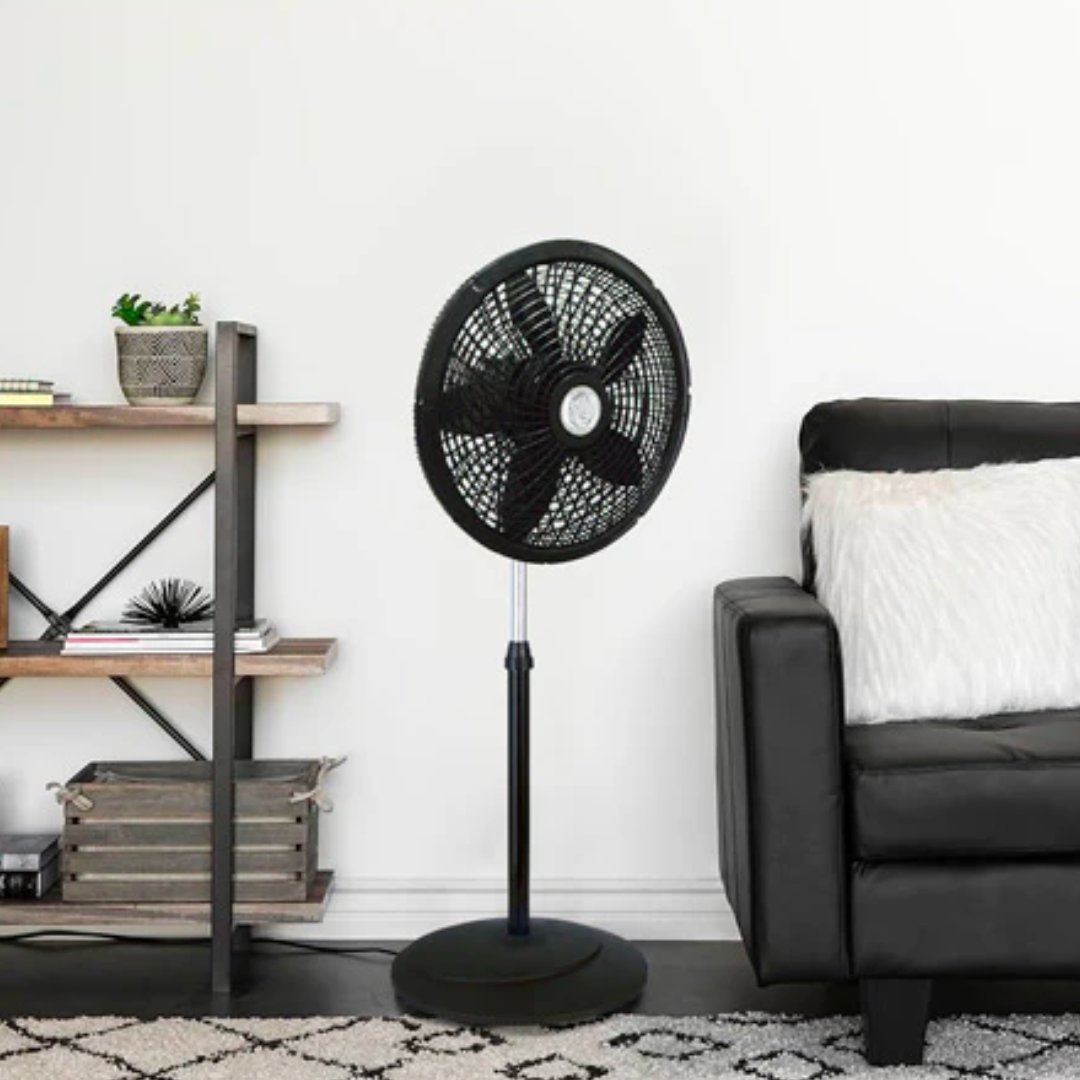 Een zwarte ventilator op een standaard rechts naast een zwarte bank met witte kussen in een woonkamer met een houten boekenkast en een witte muur.