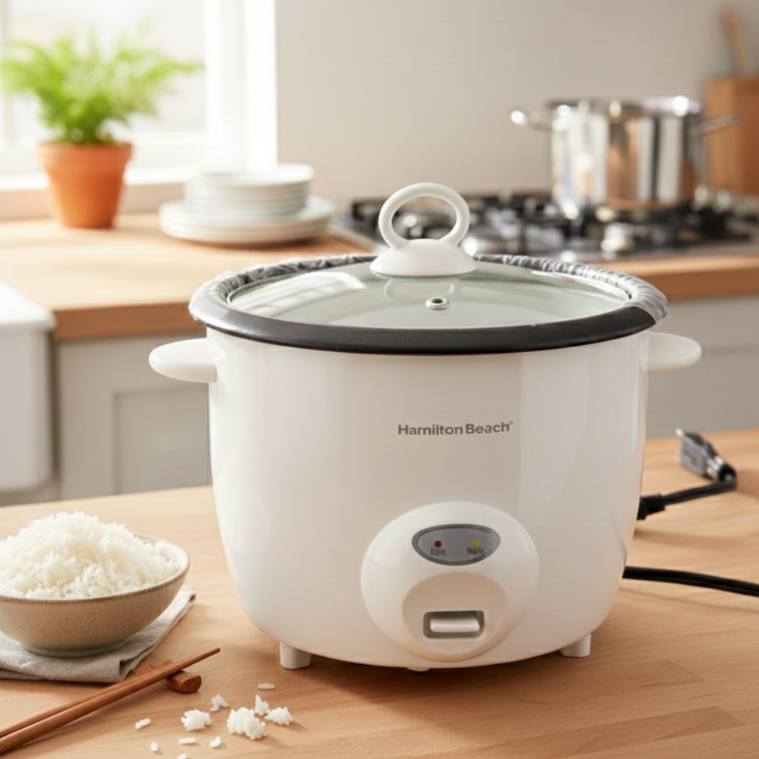 Elektrische rijstkoker op een houten keukentafel met een kom witte gekookte rijst en rijstkorrels ernaast.