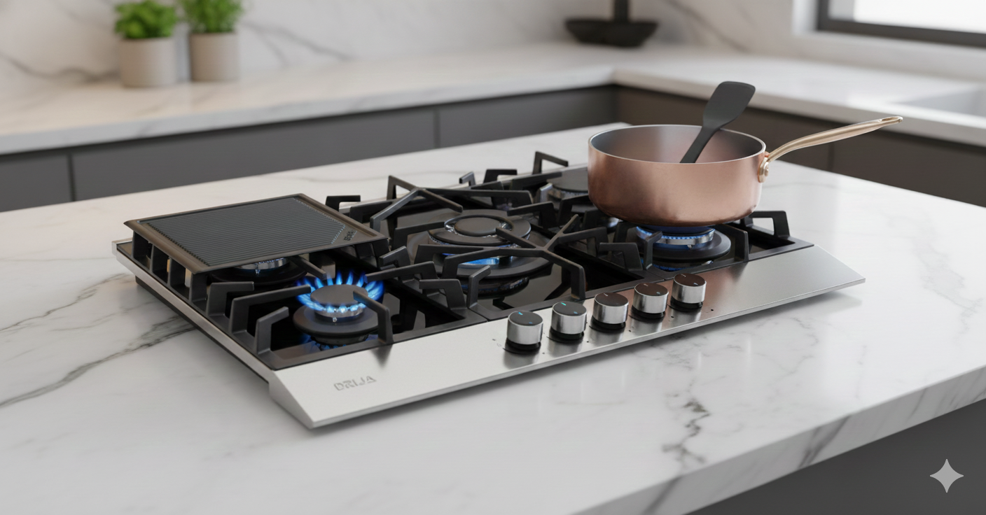 Een moderne gaskookplaat op een wit marmeren keukenwerkblad met een pan en een grillplaat.