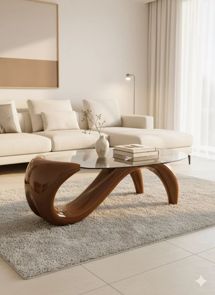 Woonkamer met witte bank, glazen salontafel met houten pootjes, vaas met bloemen en gestapelde boeken, beige gordijnen en licht vloerkleed.