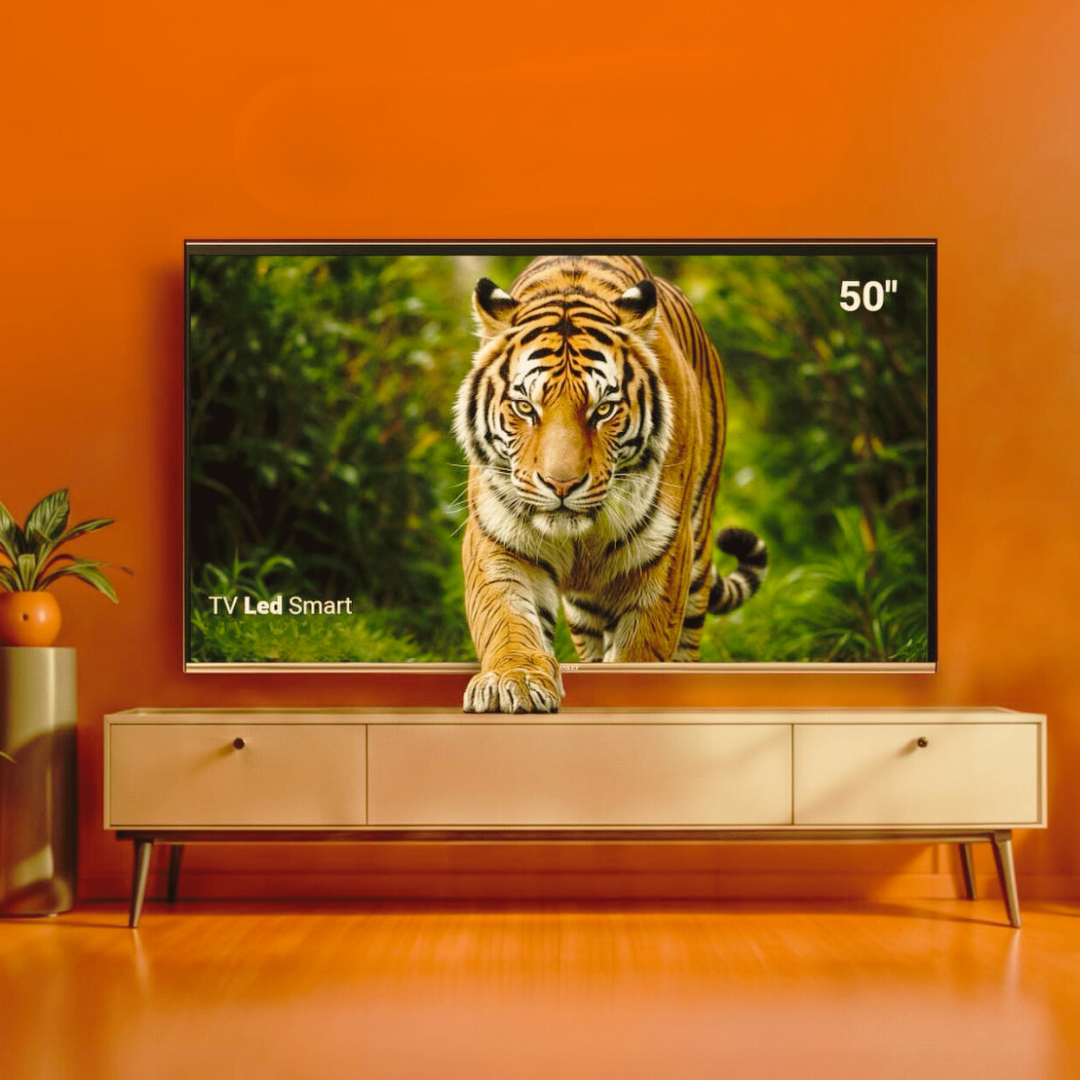 Een flatscreen-tv op een houten meubel met een afbeelding van een tijger in een jungle-achtige omgeving op het scherm.